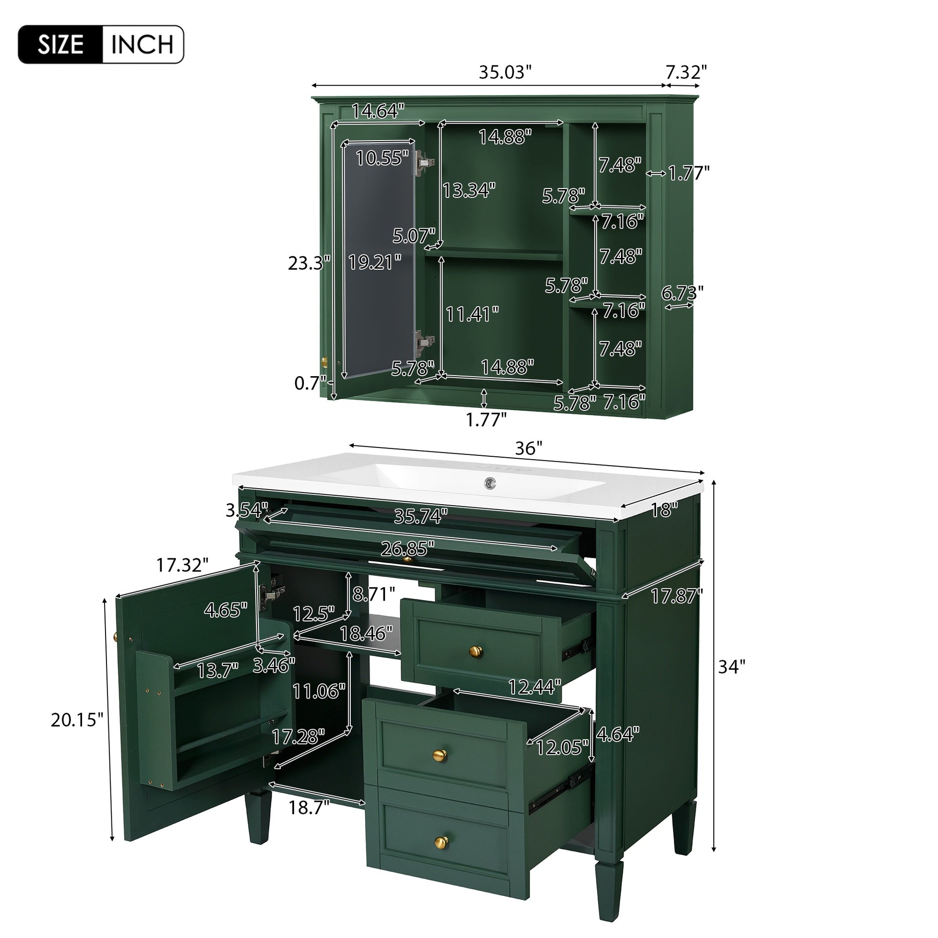 36'' Bathroom Vanity with Top Sink, Modern Bathroom Storage Cabinet with Mirror, 2 Drawers and a Tip-out Drawer, Mirror Cabinet with 6 Open Shelves, Single Sink Bathroom Vanity