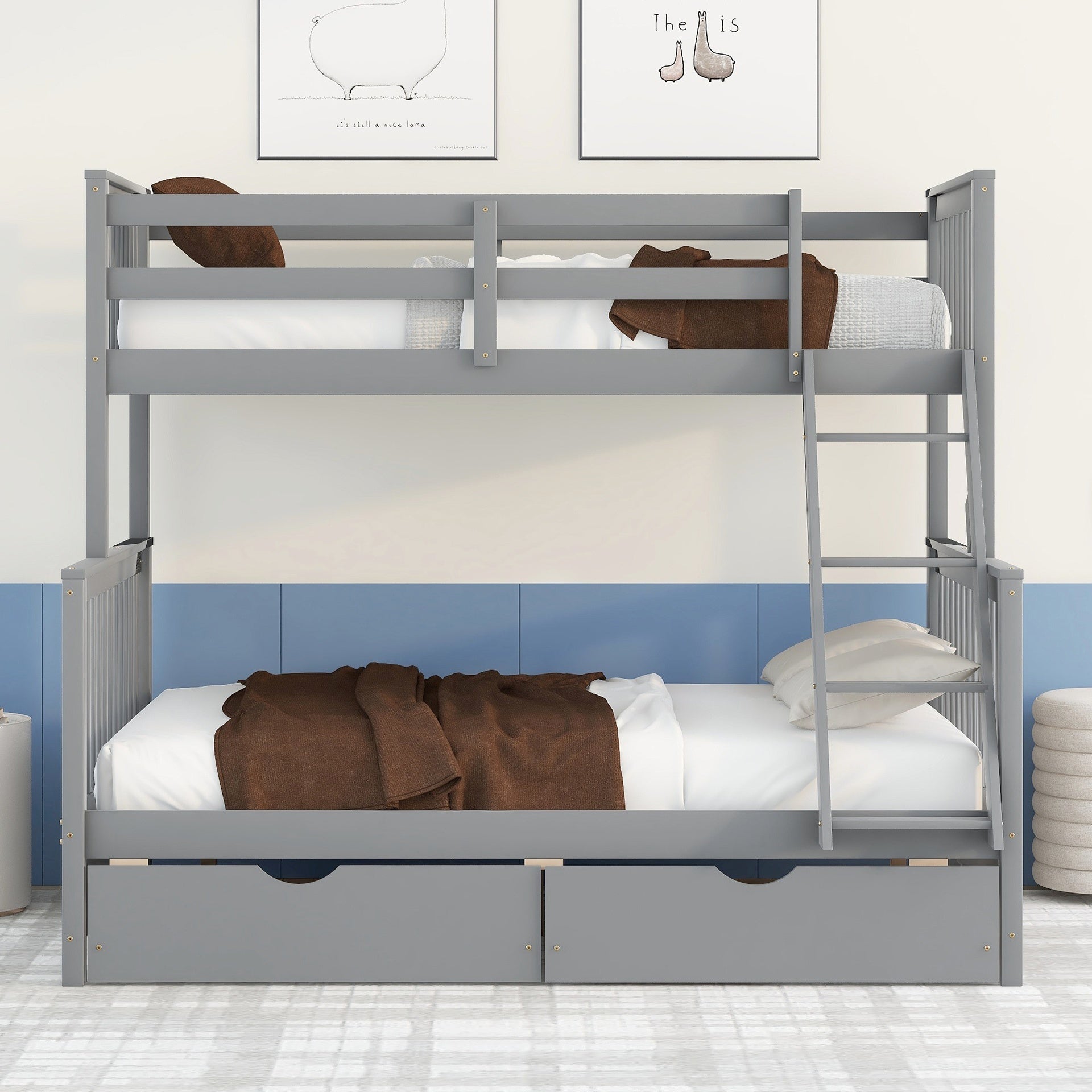 Twin-Over-Full Bunk Bed with Ladders and Two Storage Drawers(Gray){old sku:LT000165AAE}
