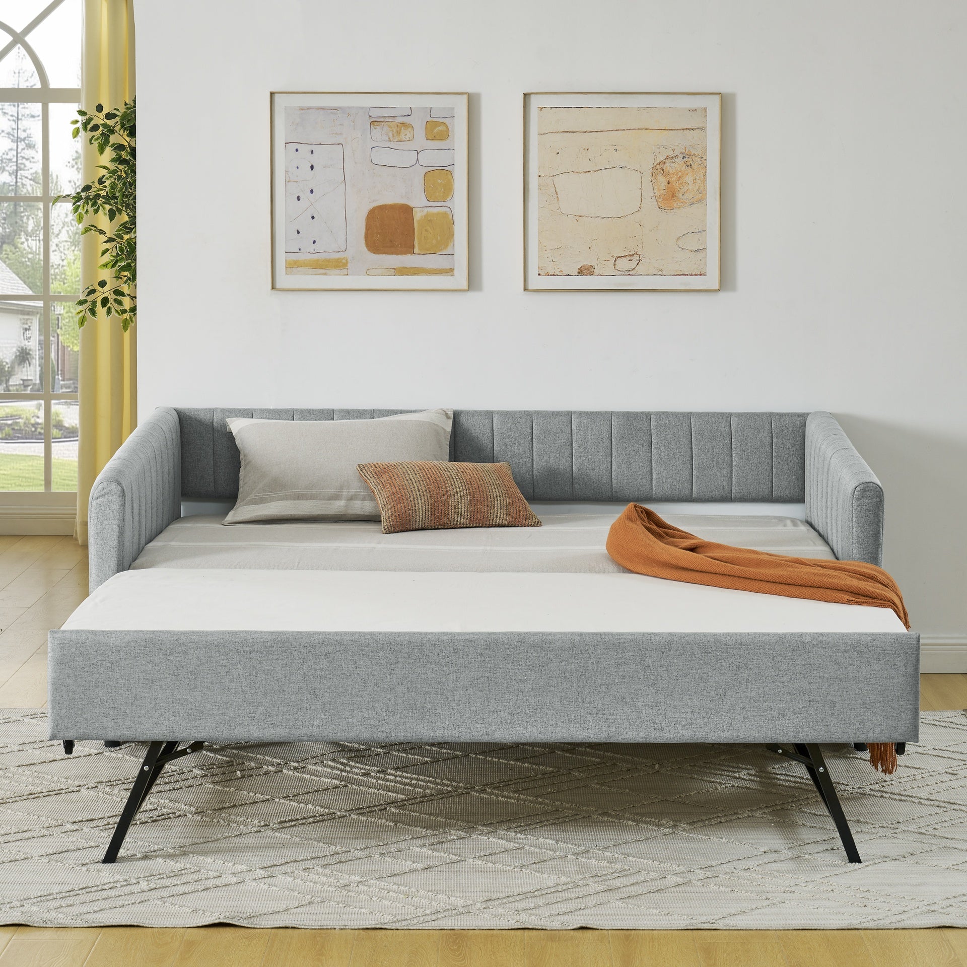 Twin Size Daybed with Trundle Upholstered Sofa Bed, with Vertical Stripes, Linen Fabric, Grey (82.5"x43"x30")