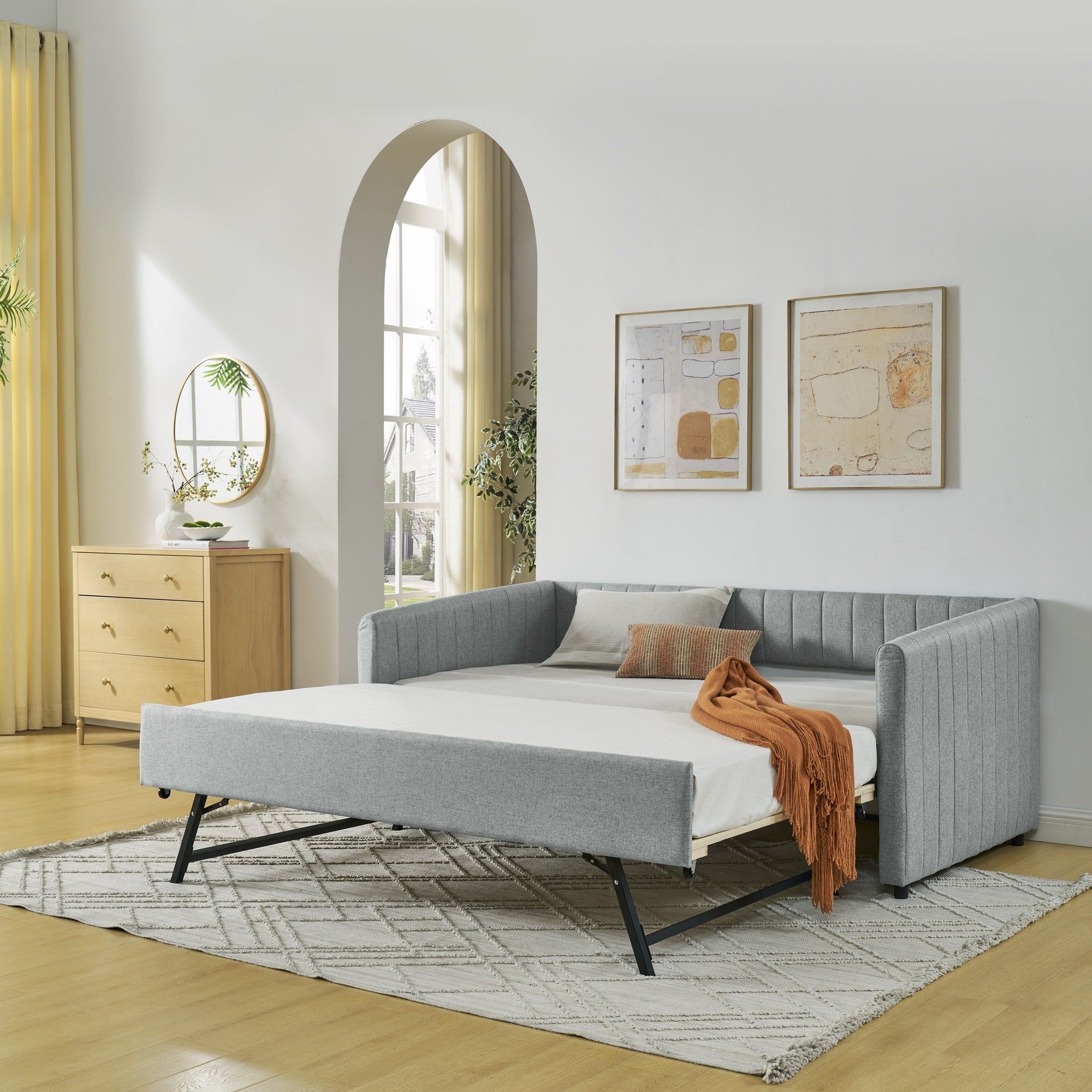 Twin Size Daybed with Trundle Upholstered Sofa Bed, with Vertical Stripes, Linen Fabric, Grey (82.5"x43"x30")