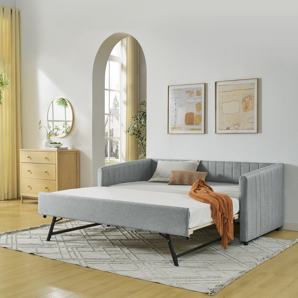 Twin Size Daybed with Trundle Upholstered Sofa Bed, with Vertical Stripes, Linen Fabric, Grey (82.5"x43"x30")