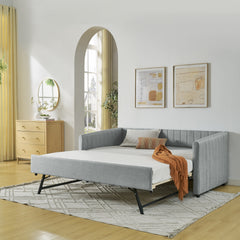 Twin Size Daybed with Trundle Upholstered Sofa Bed, with Vertical Stripes, Linen Fabric, Grey (82.5"x43"x30")