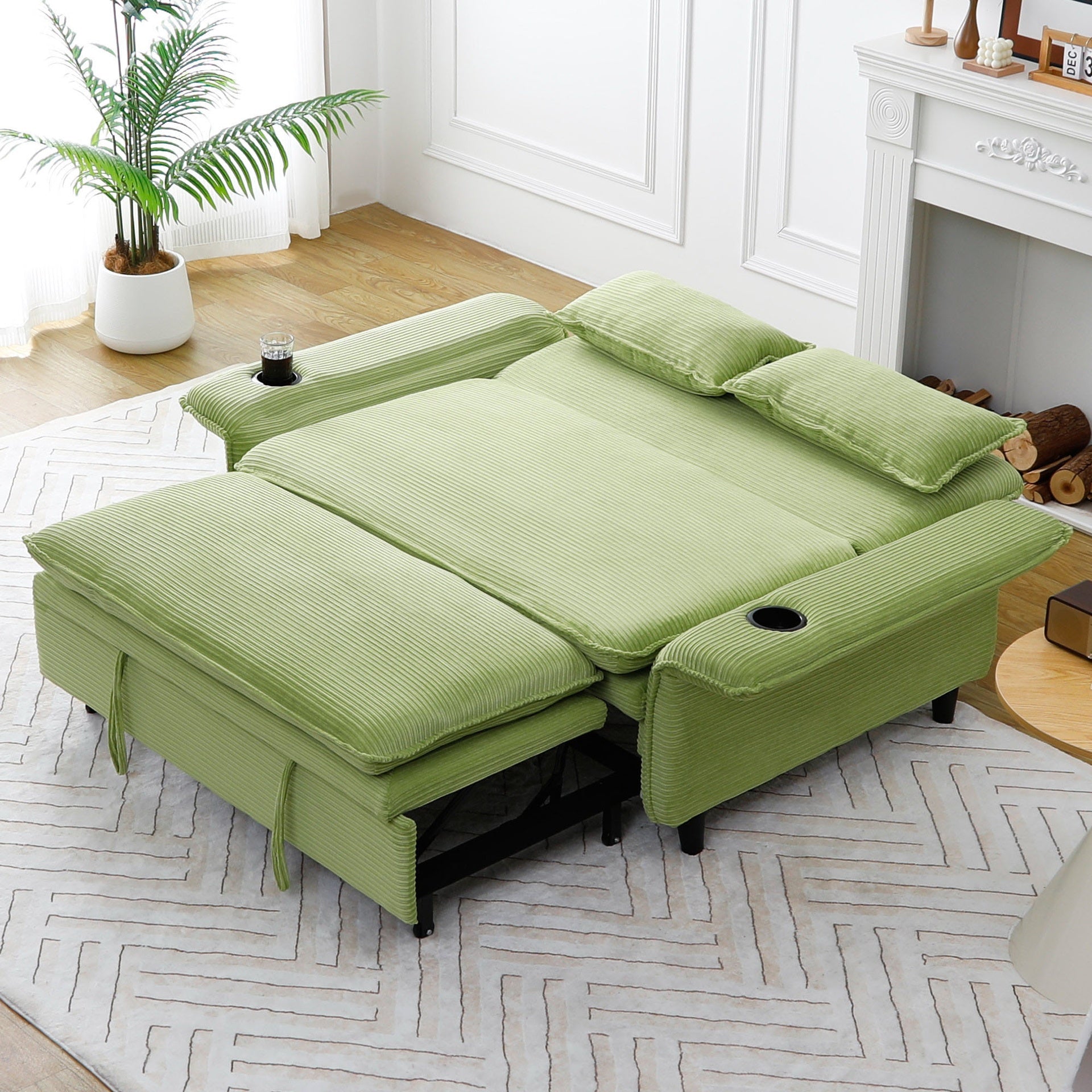 65.74-inch green multi-functional sofa bed with lettered striped fabric, suitable for bedrooms and living rooms.  The armrests and backrests are adjustable.