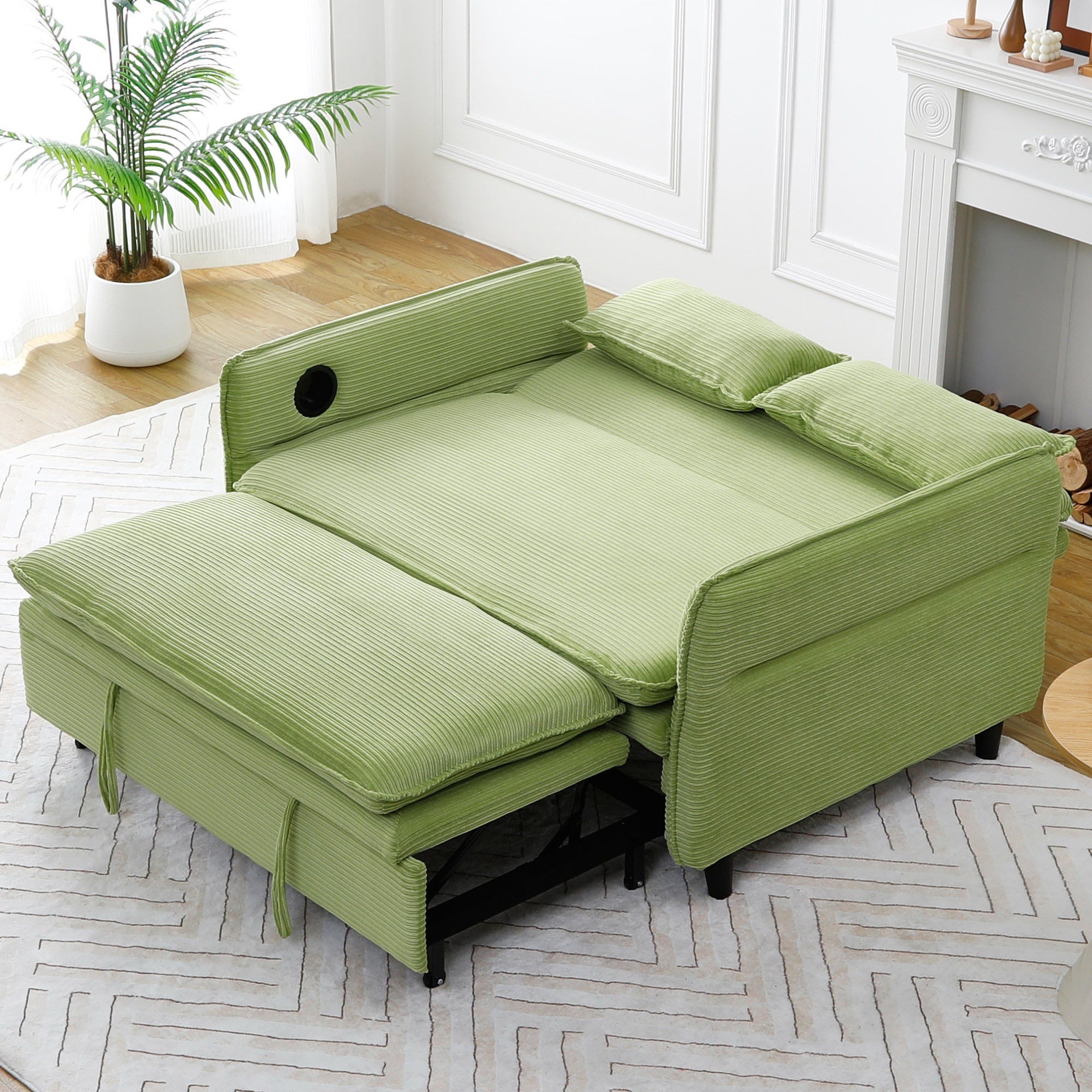 65.74-inch green multi-functional sofa bed with lettered striped fabric, suitable for bedrooms and living rooms.  The armrests and backrests are adjustable.