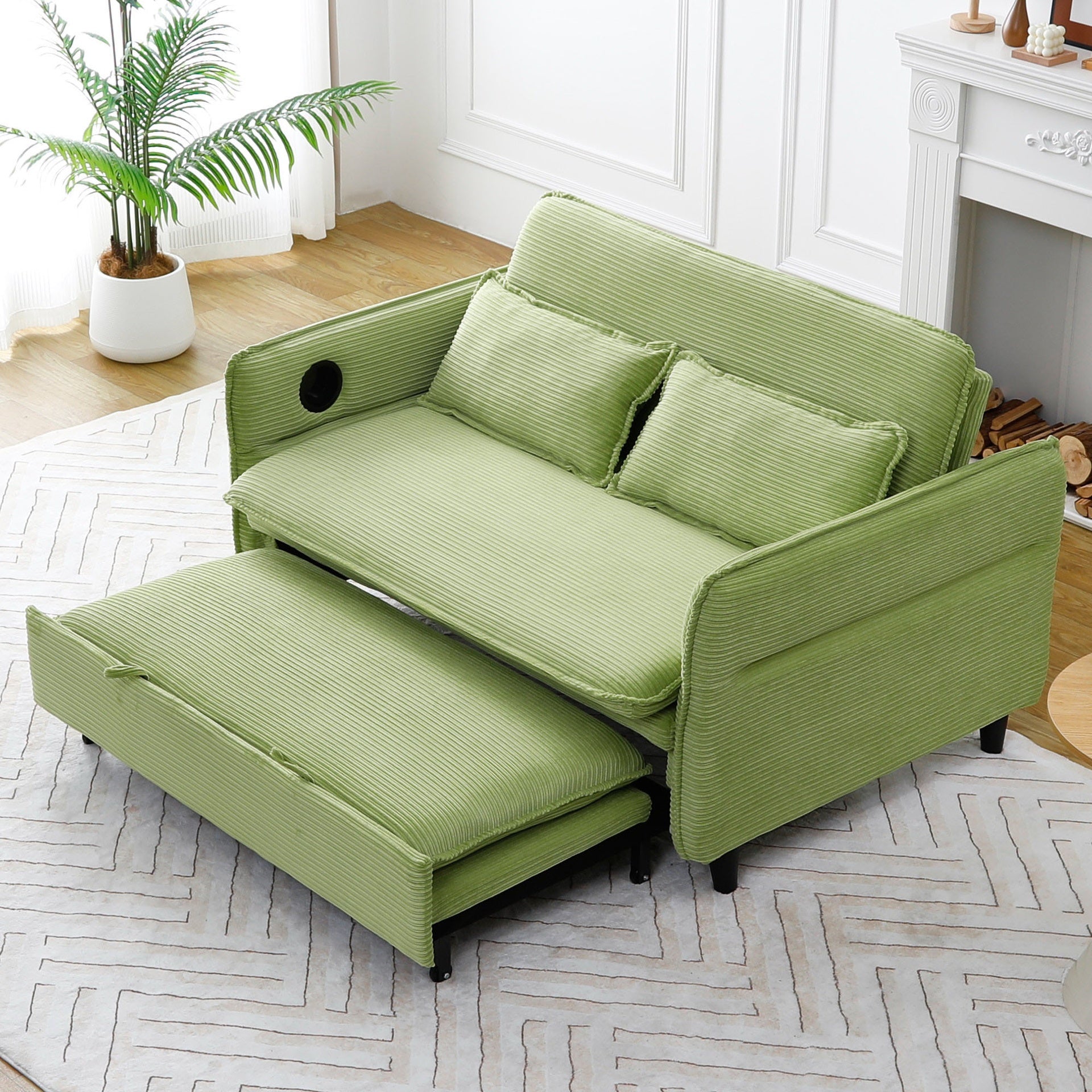 65.74-inch green multi-functional sofa bed with lettered striped fabric, suitable for bedrooms and living rooms.  The armrests and backrests are adjustable.