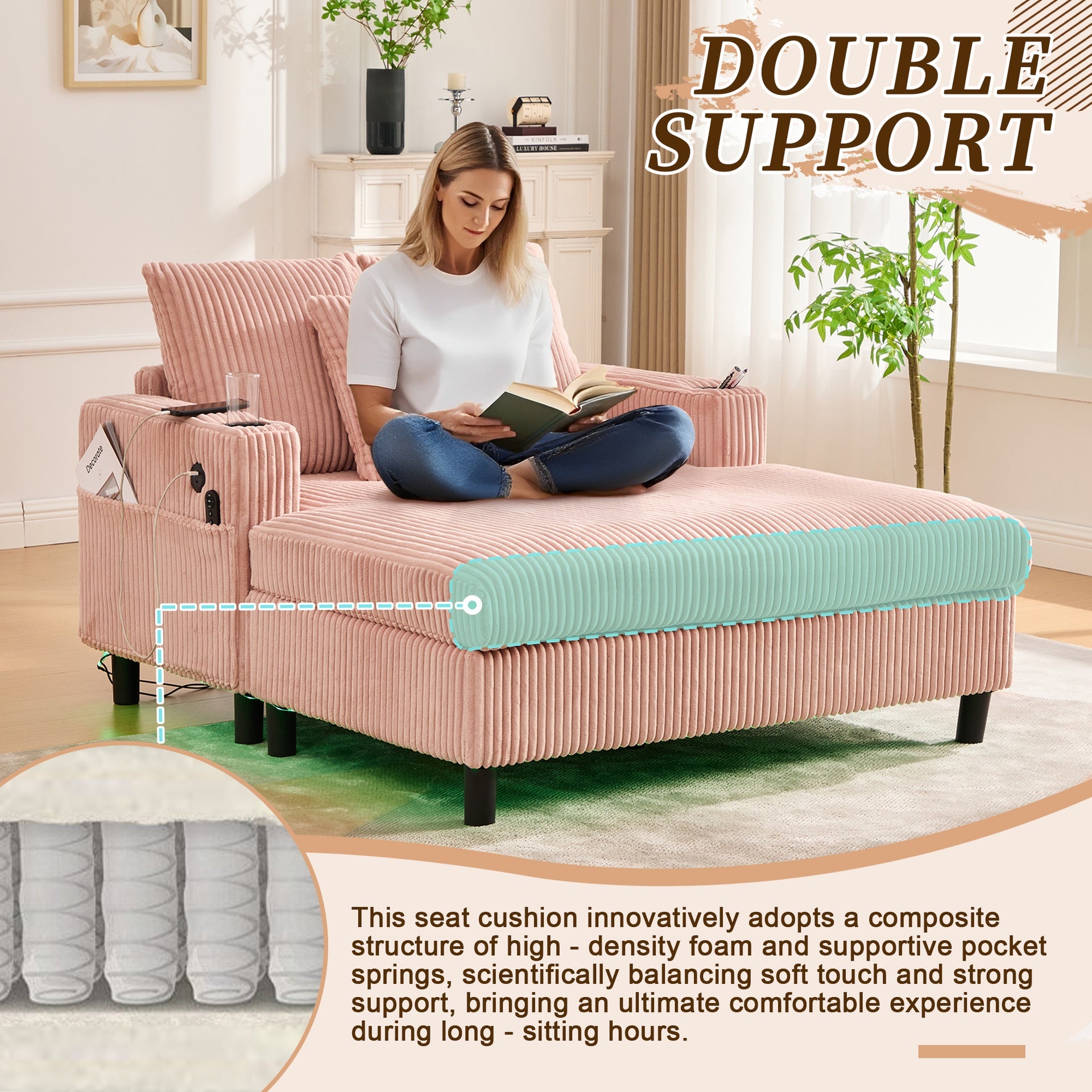 UNITED WE WIN Modern Corduroy Oversized Recliner Sofa with Deep Seat, 3 Pillows, USB Charging, RGB LED Light Strip, Cup Holder, Side Pocket - Suitable for Living Room and Bedroom