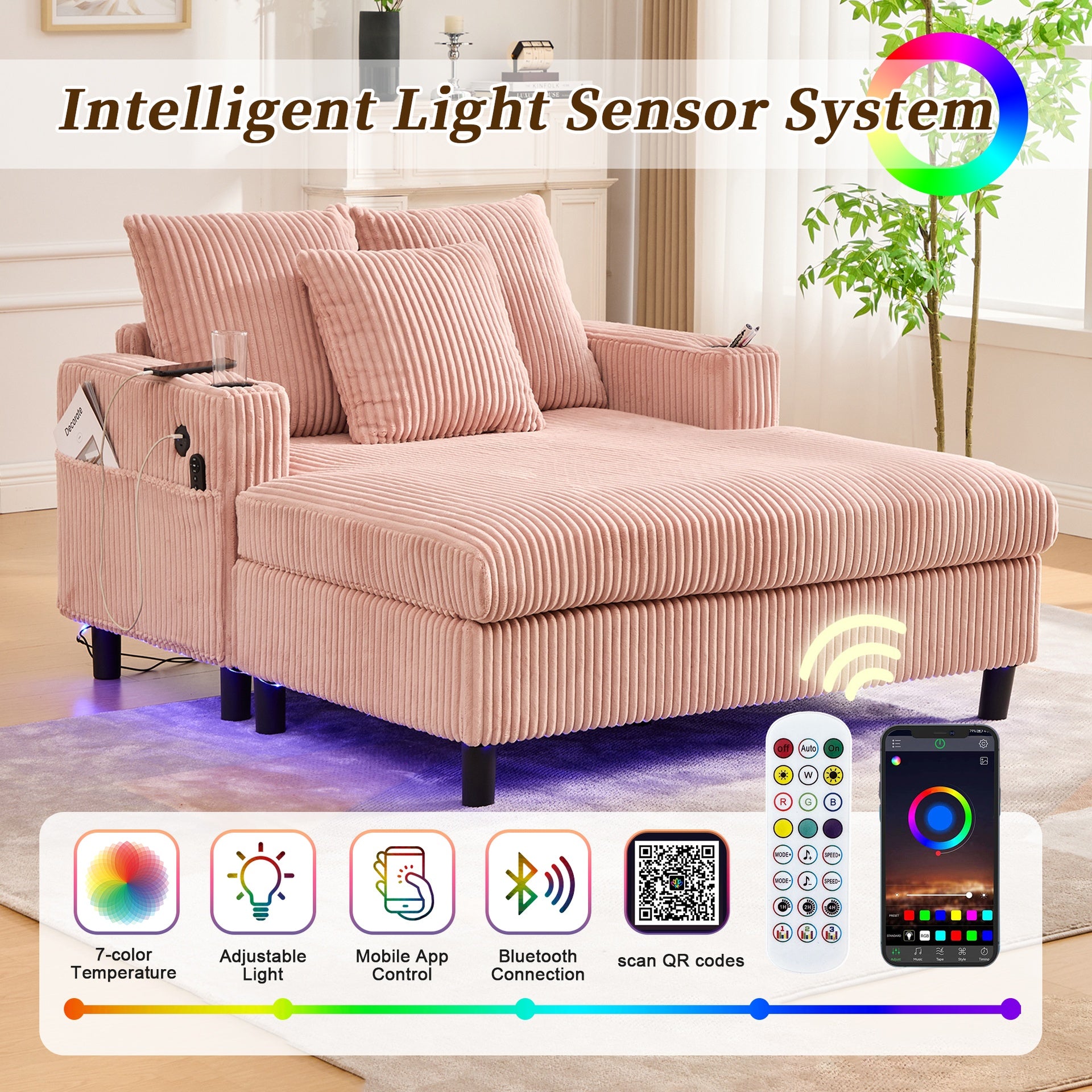 UNITED WE WIN Modern Corduroy Oversized Recliner Sofa with Deep Seat, 3 Pillows, USB Charging, RGB LED Light Strip, Cup Holder, Side Pocket - Suitable for Living Room and Bedroom