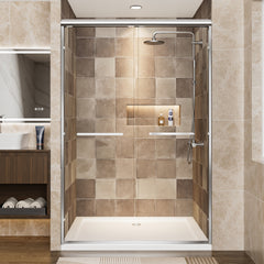 44"-48" W x 72" H Chrome Aluminum Frame Double Sliding Shower Door, 1/4" (6mm) Clear Tempered Glass With Explosion-proof Film, Dual Stainless Steel Handles