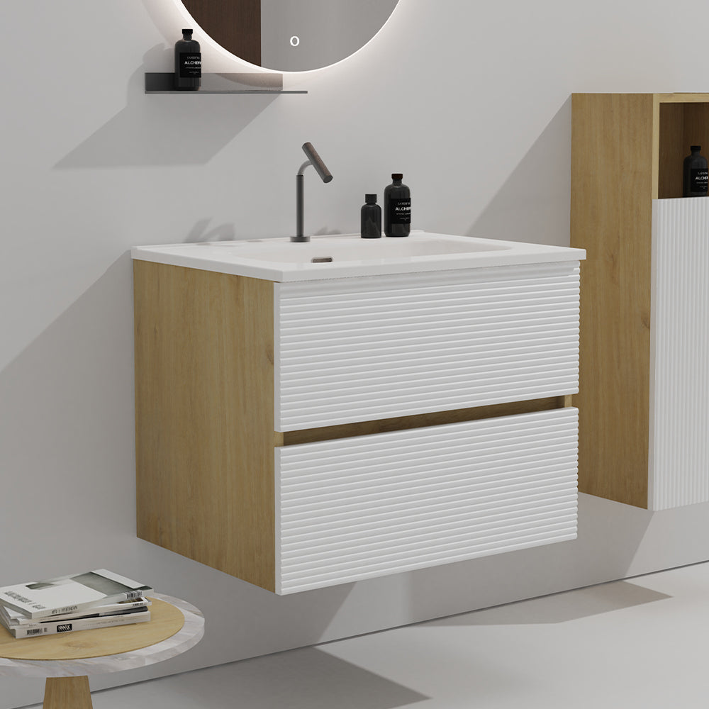 Gloria 24" Wall Mounted Snow White Matt  &  Natural Oak Bathroom Vanity with Integrated Ceramic Sink with Overflow, Large Storage Floating Bathroom Vanity for Modern Bathroom, Pre-assembled