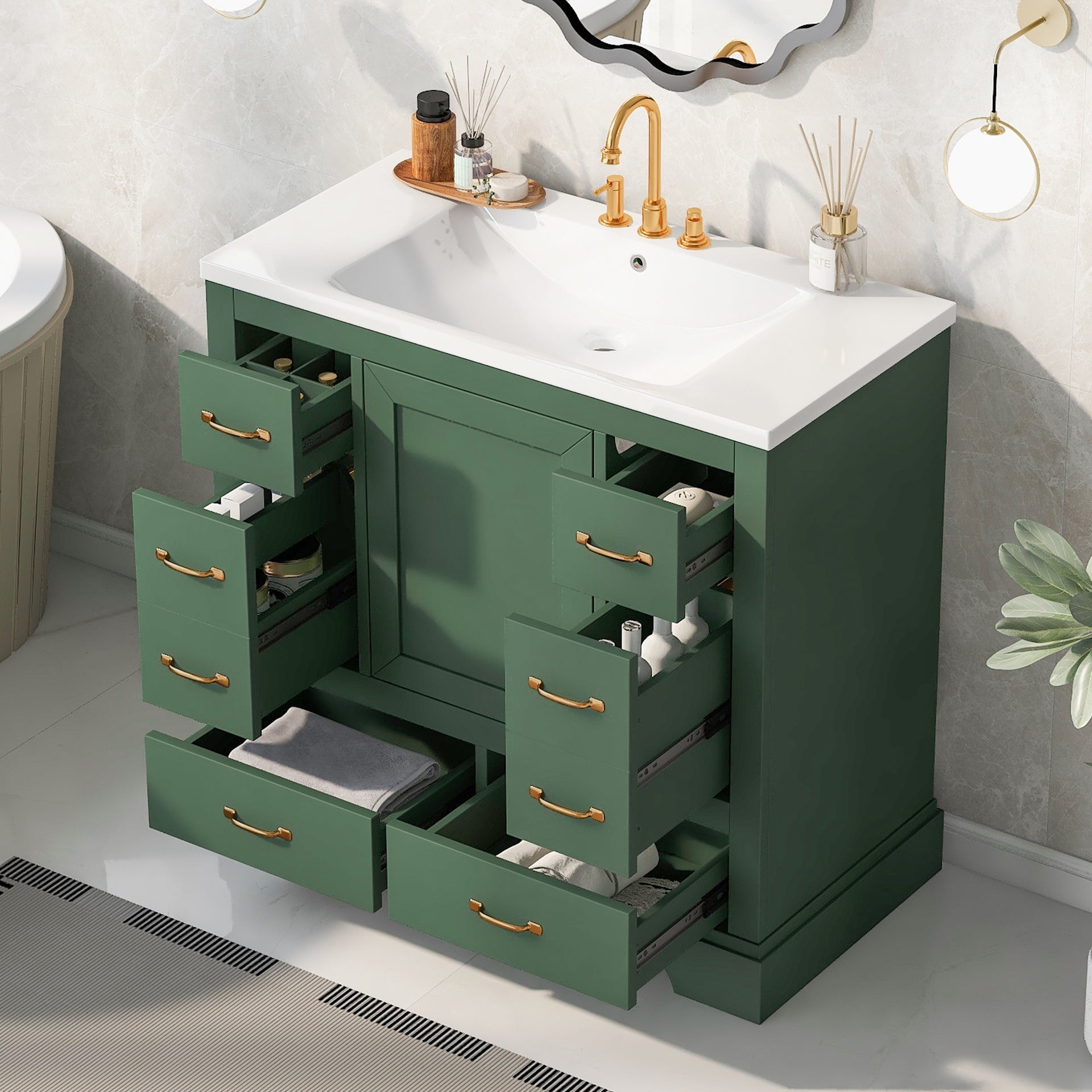 36" Bathroom Vanity with Sink Combo, Six Drawers, Multi-Functional Drawer Divider, Adjustable Shelf, Green (Old Sku:SY999808AAF)