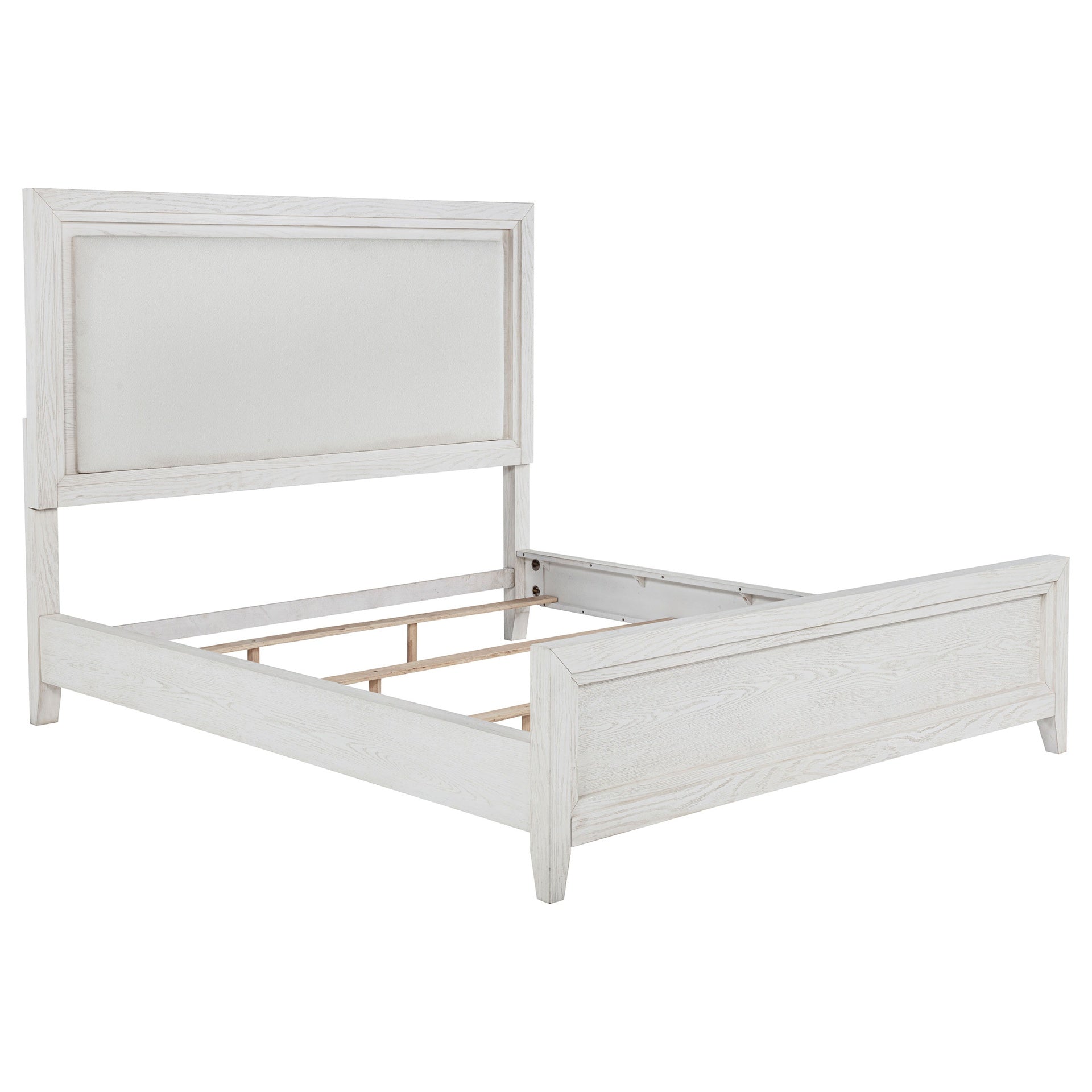 Inverness Distressed White Eastern King Upholstered Panel Bed