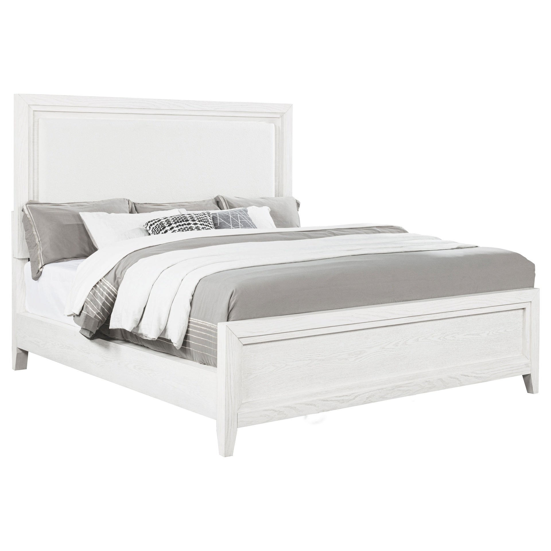 Inverness Distressed White Eastern King Upholstered Panel Bed