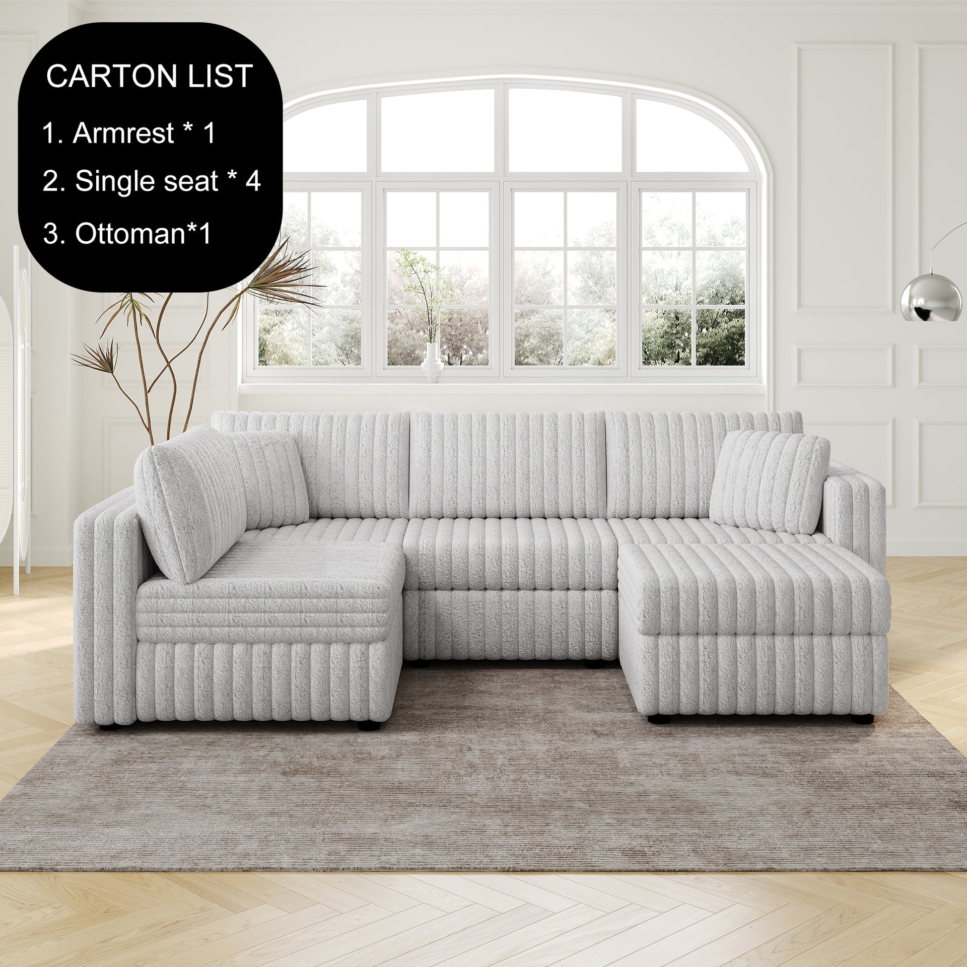106.3" Soft  U-shaped 4-Person Sofa. Matches 30.7" Ottoman with Hydraulic Lift. Comfortable & Stylish. For Bedroom & Living Room. Light Gray. Modern Furniture. Modular Design.