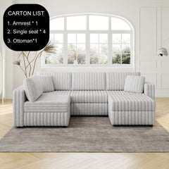 106.3" Soft  U-shaped 4-Person Sofa. Matches 30.7" Ottoman with Hydraulic Lift. Comfortable & Stylish. For Bedroom & Living Room. Light Gray. Modern Furniture. Modular Design.