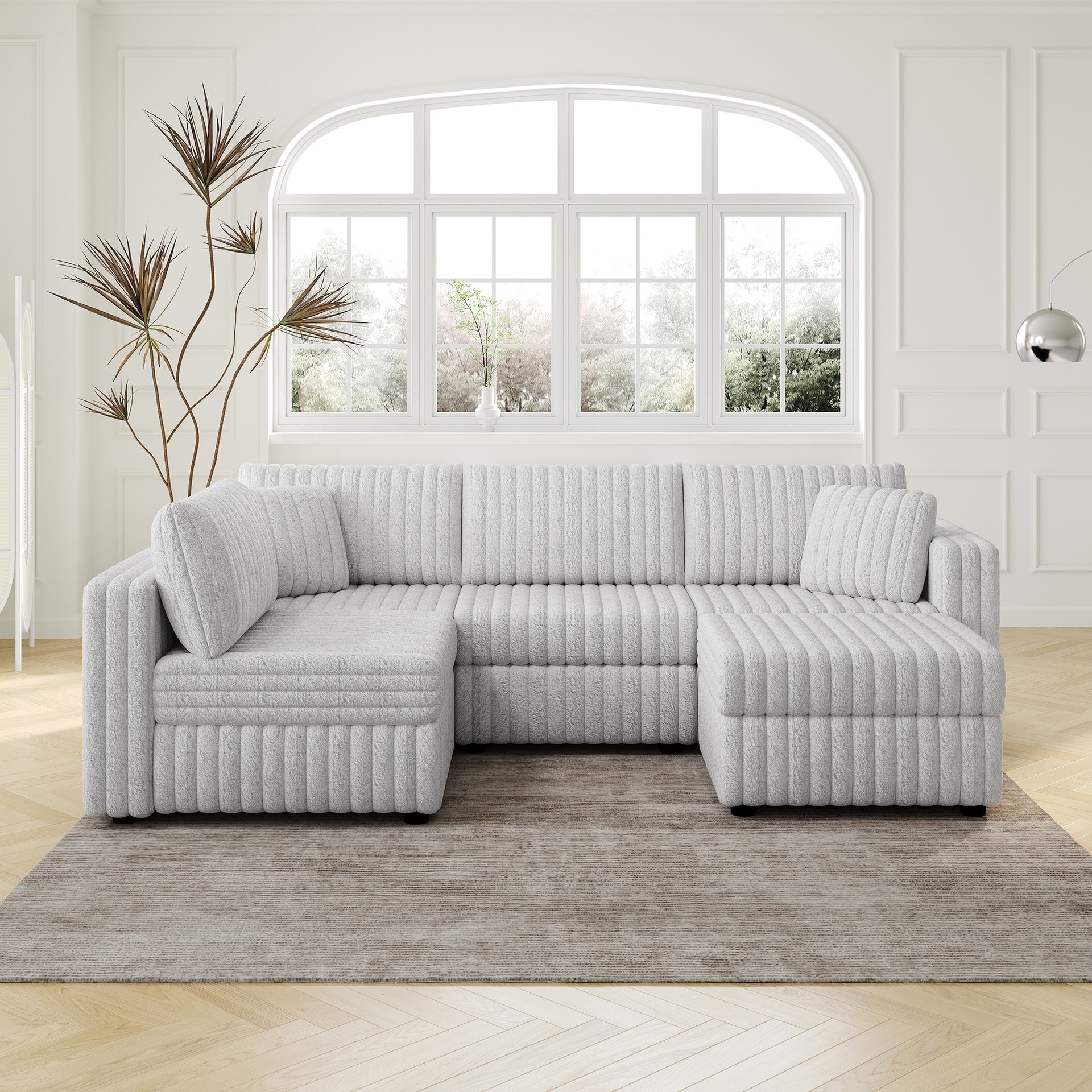 106.3" Soft  U-shaped 4-Person Sofa. Matches 30.7" Ottoman with Hydraulic Lift. Comfortable & Stylish. For Bedroom & Living Room. Light Gray. Modern Furniture. Modular Design.