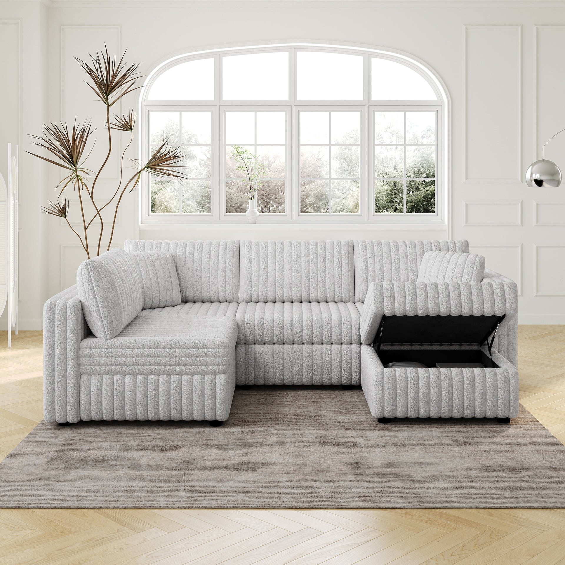 106.3" Soft  U-shaped 4-Person Sofa. Matches 30.7" Ottoman with Hydraulic Lift. Comfortable & Stylish. For Bedroom & Living Room. Light Gray. Modern Furniture. Modular Design.