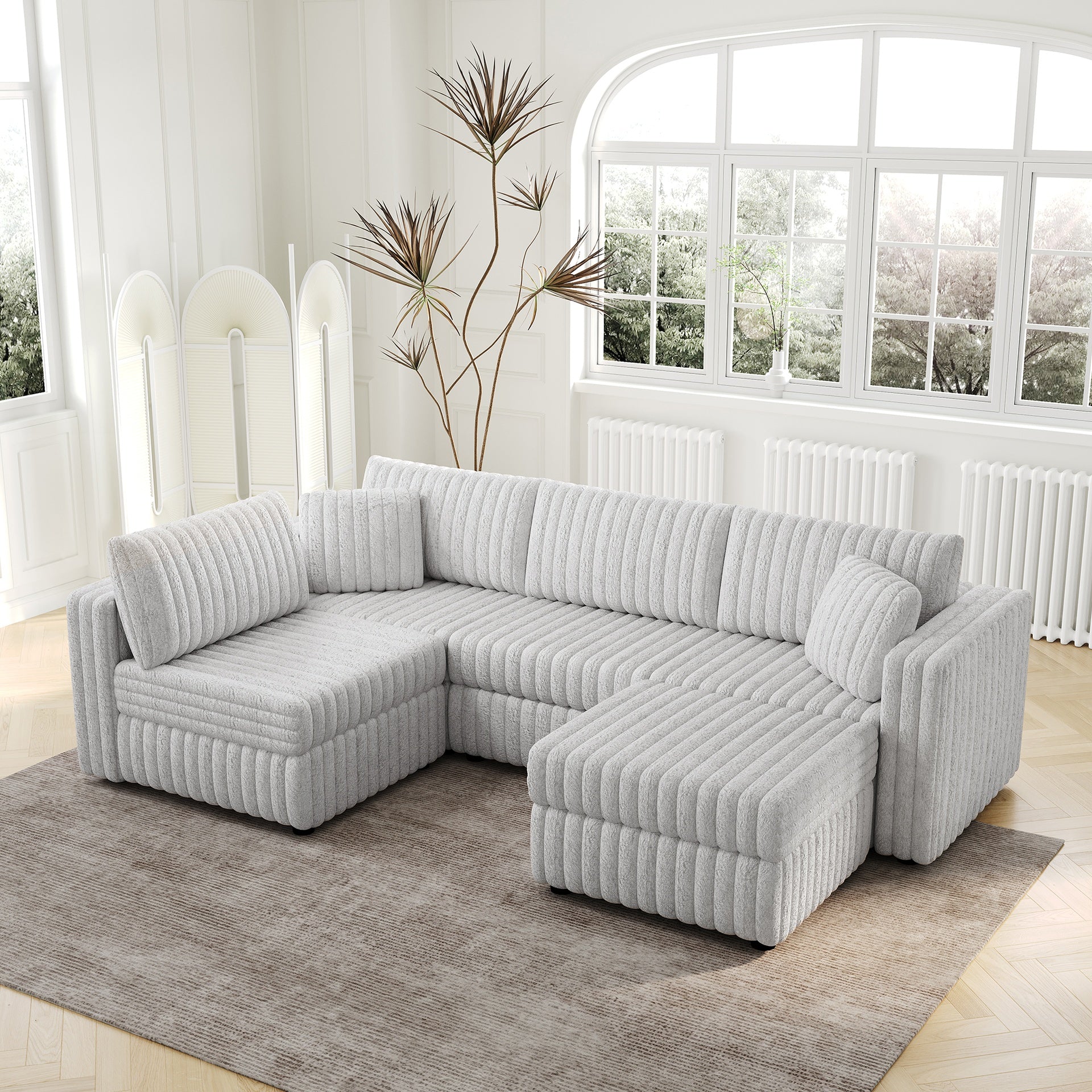 106.3" Soft  U-shaped 4-Person Sofa. Matches 30.7" Ottoman with Hydraulic Lift. Comfortable & Stylish. For Bedroom & Living Room. Light Gray. Modern Furniture. Modular Design.