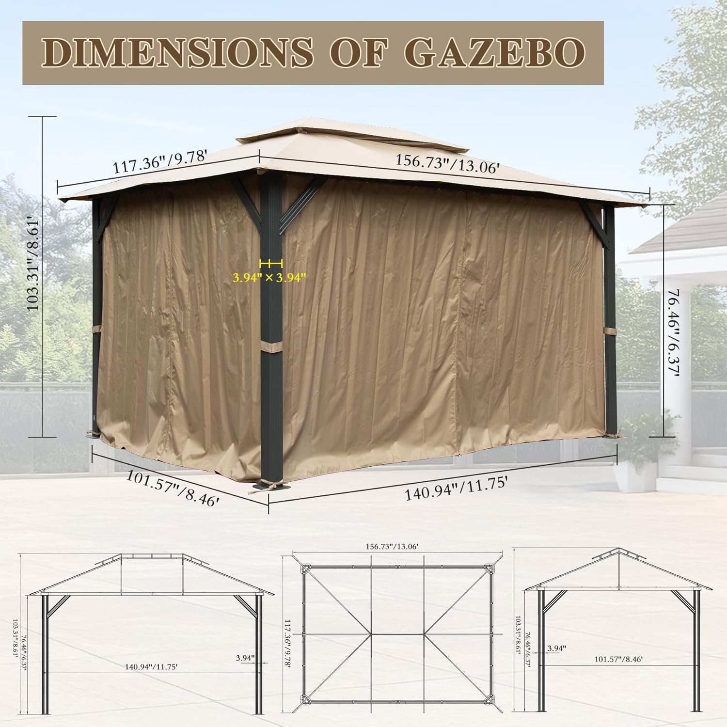 10'x13'Outdoor Gazebo for Patio, Soft Top Metal Gazebos with Double Roofs, Heavy Duty Party Tent with Mosquito Netting and Privacy Curtains for Backyard Garden Lawn Deck (Brown)