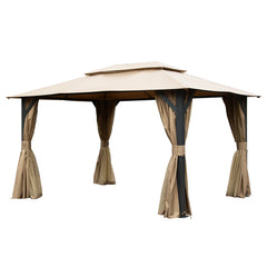 10'x13'Outdoor Gazebo for Patio, Soft Top Metal Gazebos with Double Roofs, Heavy Duty Party Tent with Mosquito Netting and Privacy Curtains for Backyard Garden Lawn Deck (Brown)