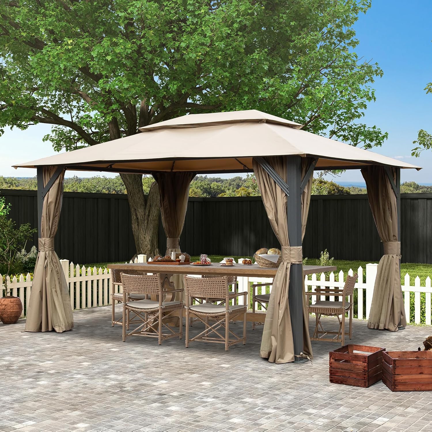 10'x13'Outdoor Gazebo for Patio, Soft Top Metal Gazebos with Double Roofs, Heavy Duty Party Tent with Mosquito Netting and Privacy Curtains for Backyard Garden Lawn Deck (Brown)