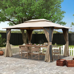 10'x13'Outdoor Gazebo for Patio, Soft Top Metal Gazebos with Double Roofs, Heavy Duty Party Tent with Mosquito Netting and Privacy Curtains for Backyard Garden Lawn Deck (Brown)