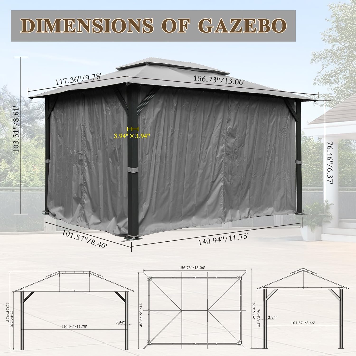 10'x13' Outdoor Gazebo for Patio, Soft Top Metal Gazebos with Double Roofs, Heavy Duty Party Tent with Mosquito Netting and Privacy Curtains for Backyard Garden Lawn Deck (Gray)