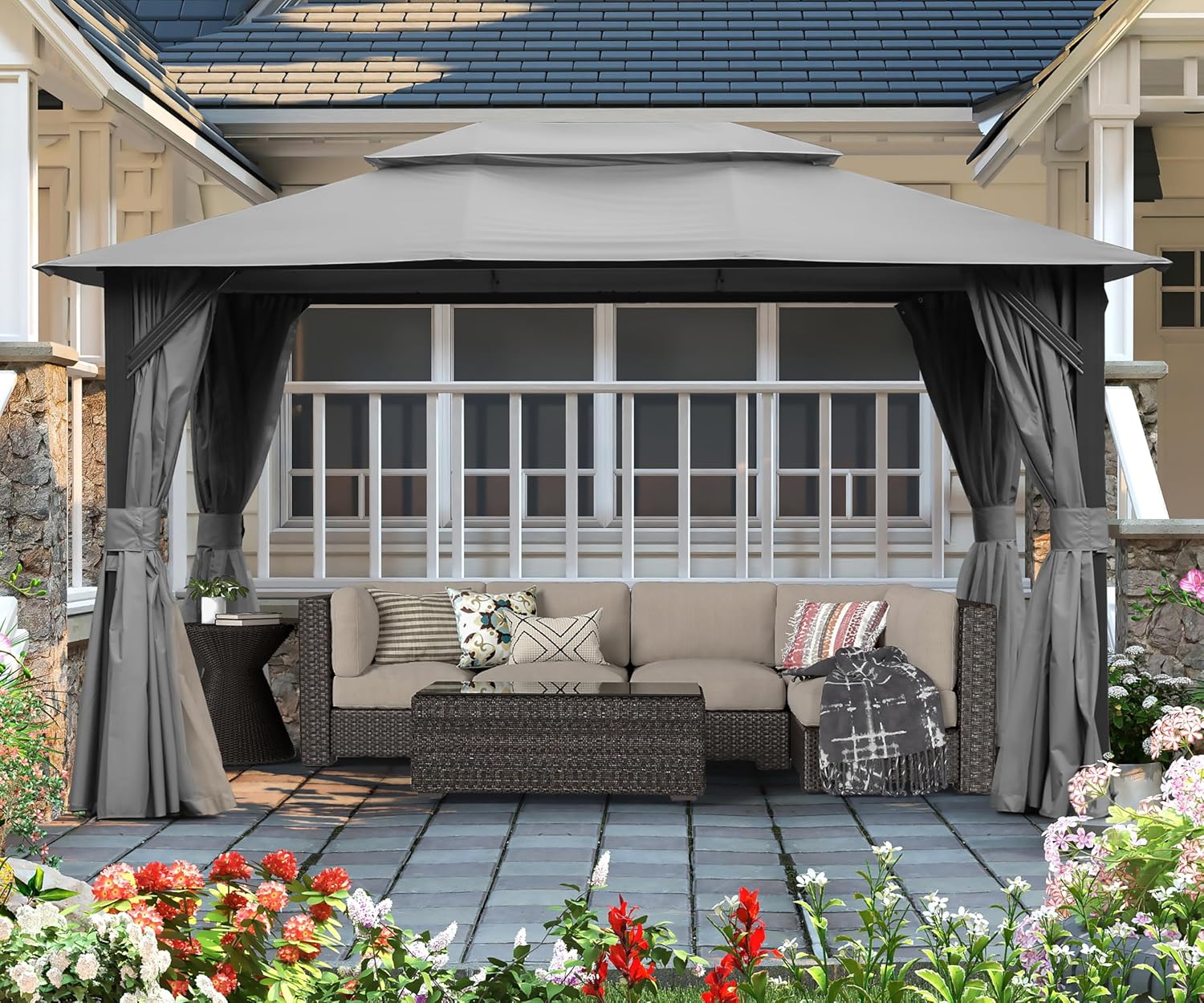10'x13' Outdoor Gazebo for Patio, Soft Top Metal Gazebos with Double Roofs, Heavy Duty Party Tent with Mosquito Netting and Privacy Curtains for Backyard Garden Lawn Deck (Gray)