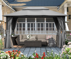 10'x13' Outdoor Gazebo for Patio, Soft Top Metal Gazebos with Double Roofs, Heavy Duty Party Tent with Mosquito Netting and Privacy Curtains for Backyard Garden Lawn Deck (Gray)