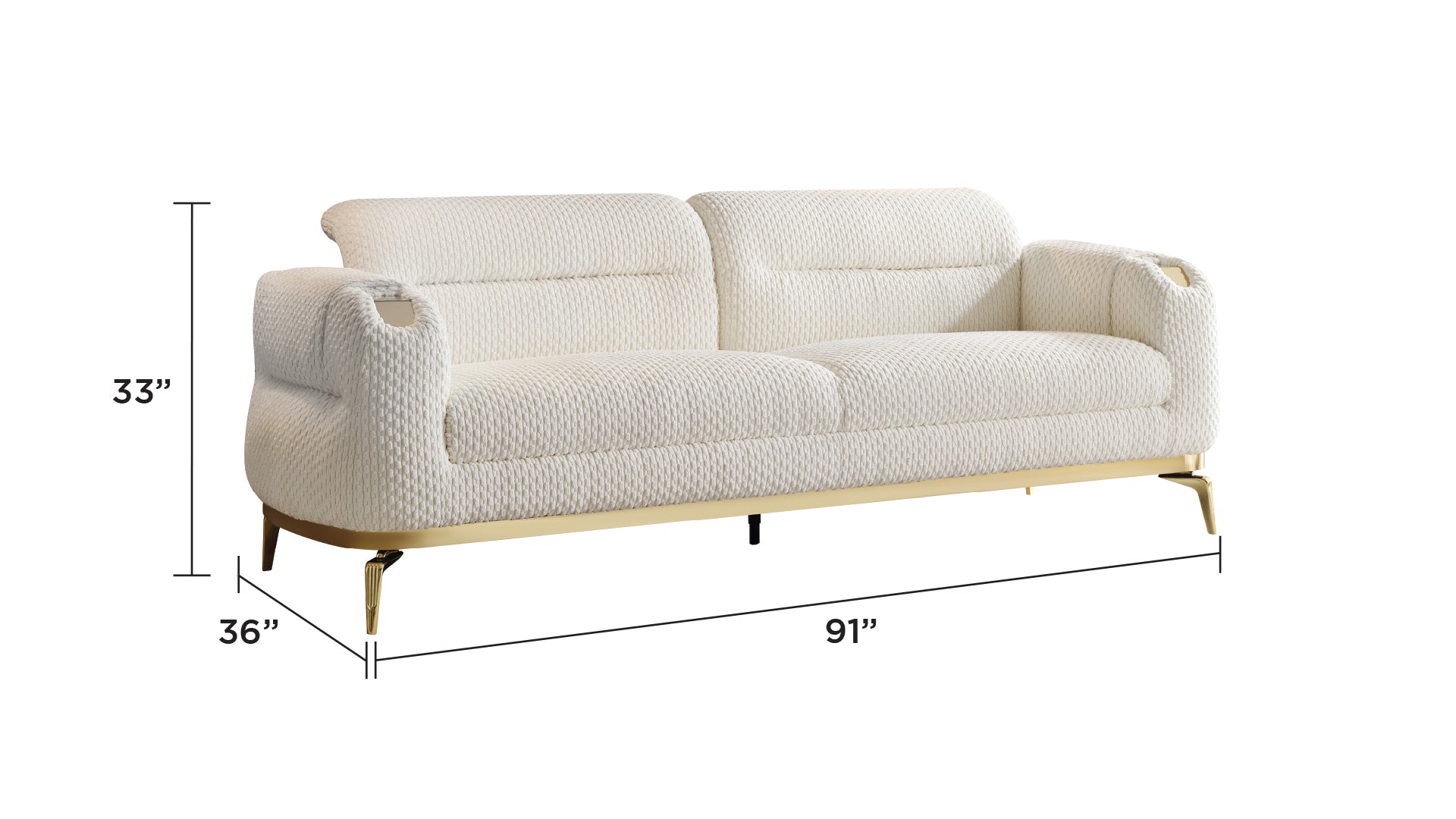 Zoe Modern style 2PC Living room set (Sofa + Loveseat) made with wood and Gold accents in Cream (CA Warehouse Inventory)