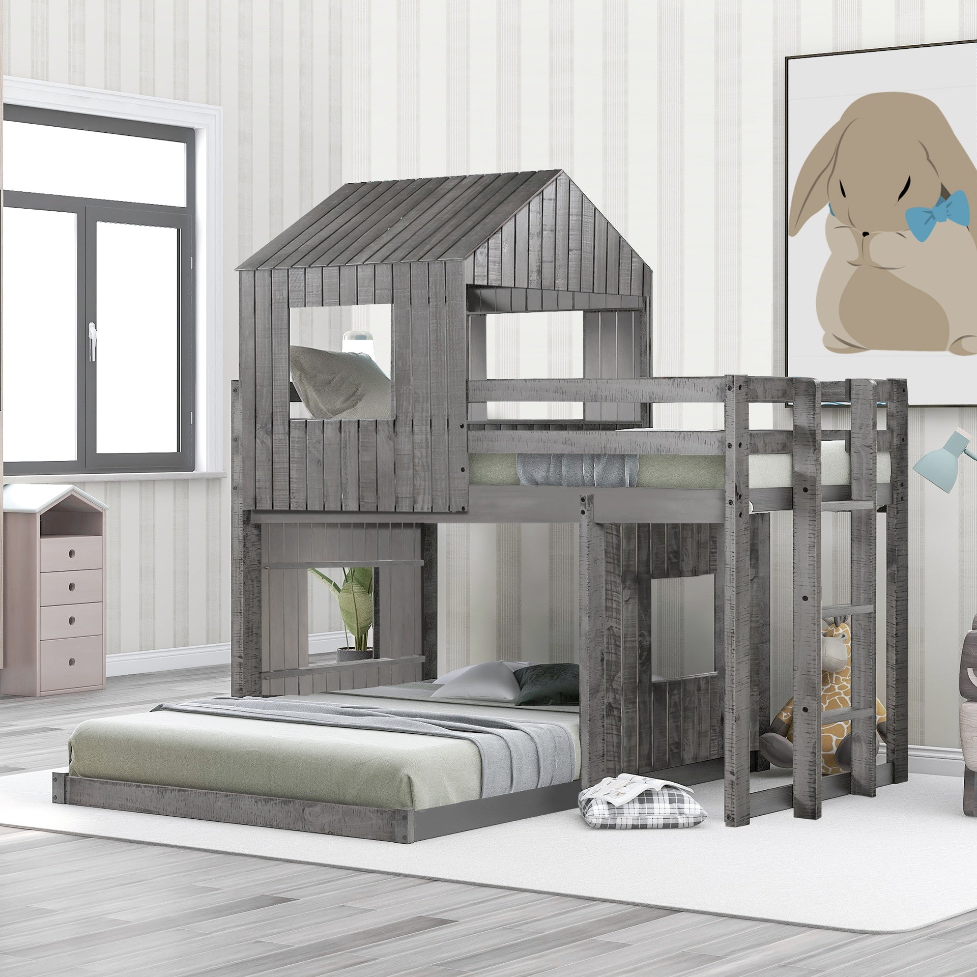 Wooden Twin Over Full Bunk Bed, Loft Bed with Playhouse, Farmhouse, Ladder and Guardrails , Antique Gray( old sku: LT000327AAE )