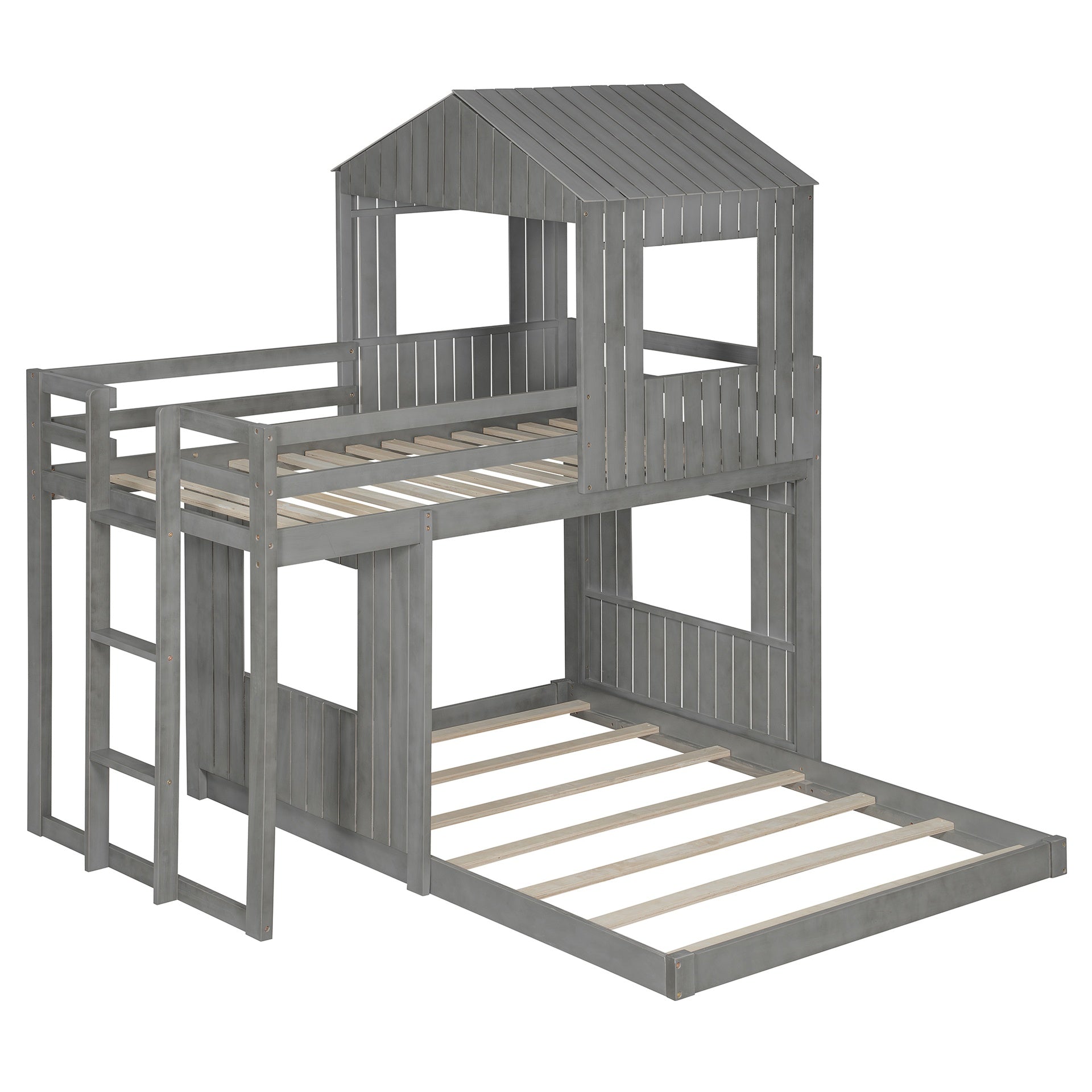 Wooden Twin Over Full Bunk Bed, Loft Bed with Playhouse, Farmhouse, Ladder and Guardrails , Antique Gray( old sku: LT000327AAE )