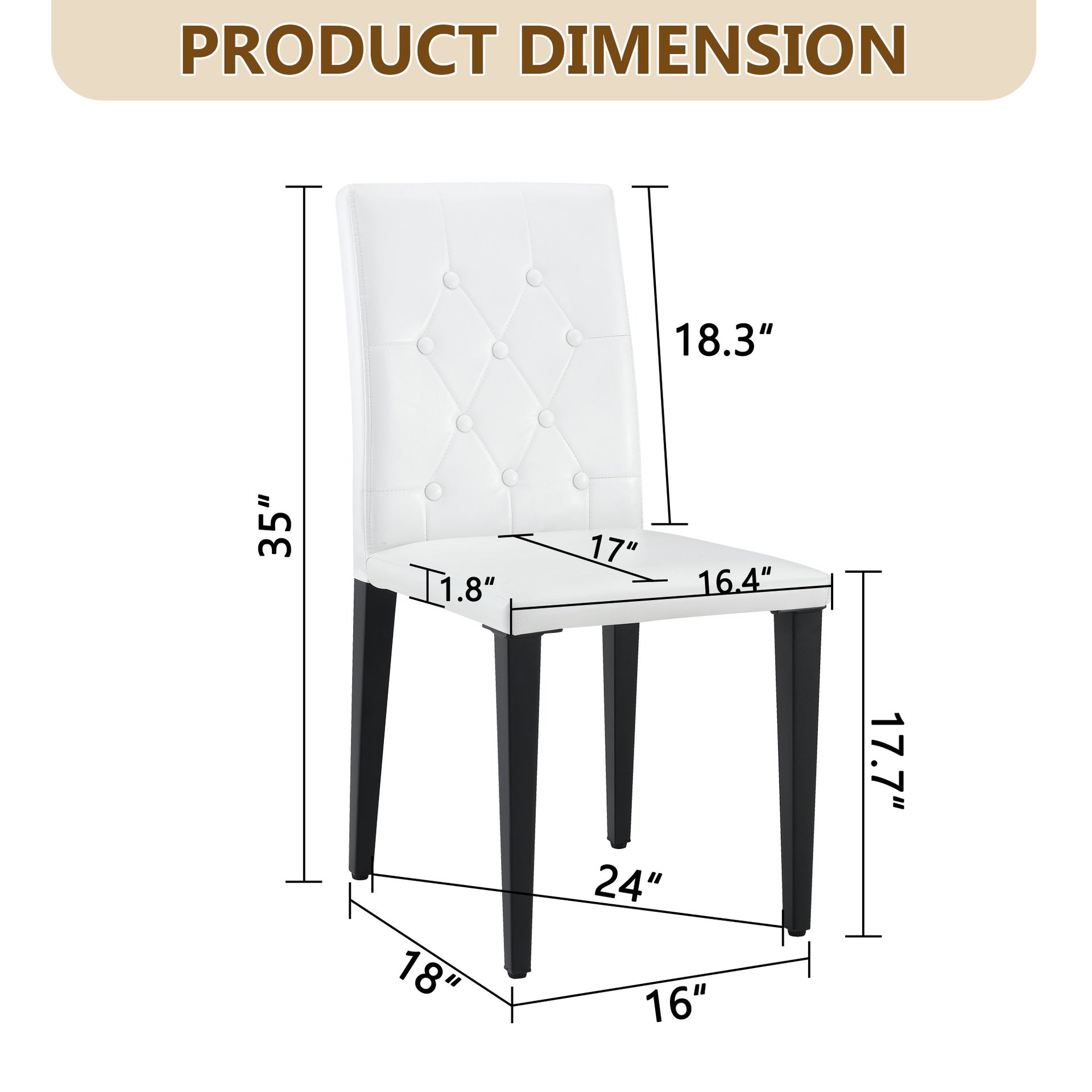 2-pack white PU dining chairs: ergonomic buckle backrest, 35 inches high, black metal legs,Combines Comfort and Texture.Perfectly suitable for family dining rooms, hotel banquet halls,etc.