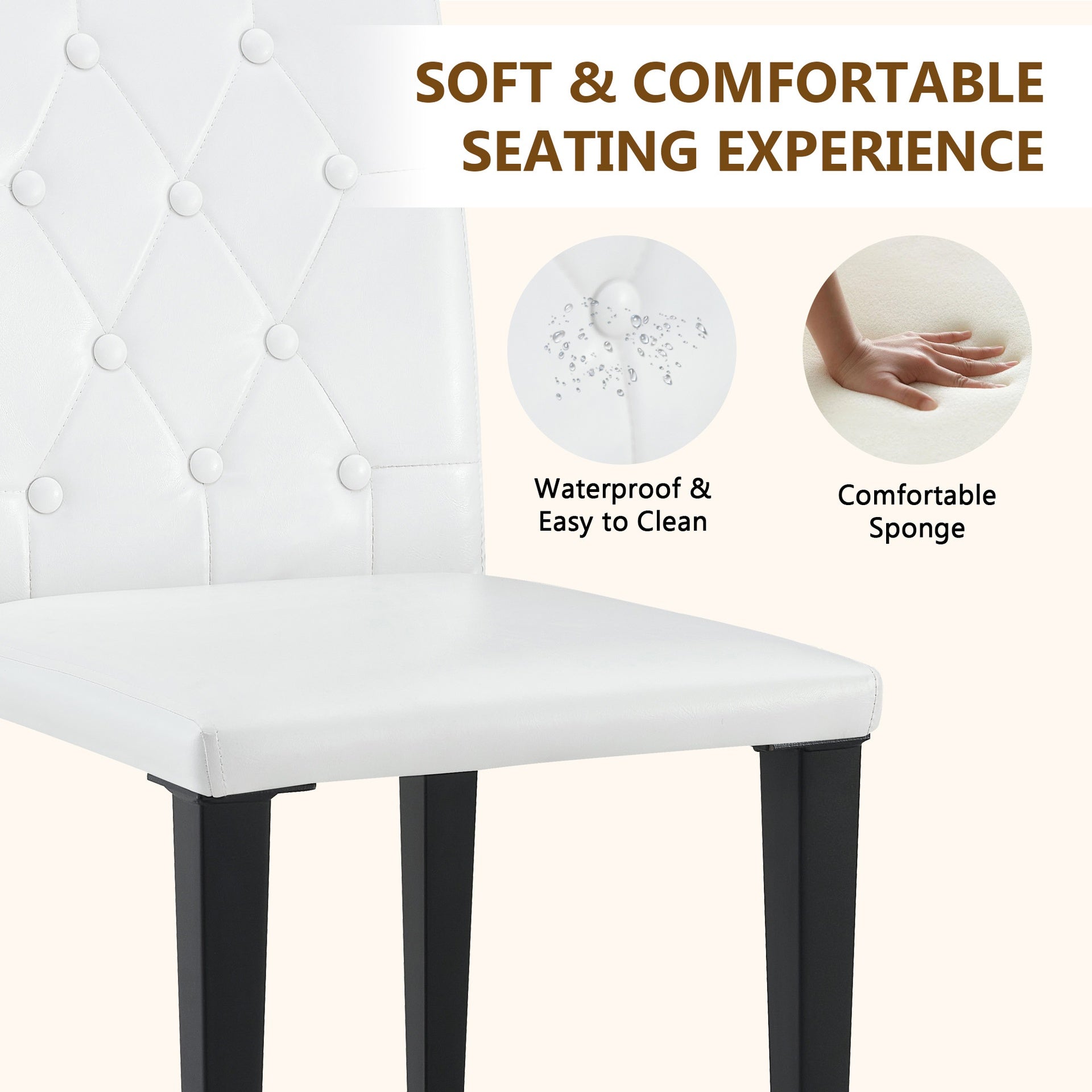 2-pack white PU dining chairs: ergonomic buckle backrest, 35 inches high, black metal legs,Combines Comfort and Texture.Perfectly suitable for family dining rooms, hotel banquet halls,etc.