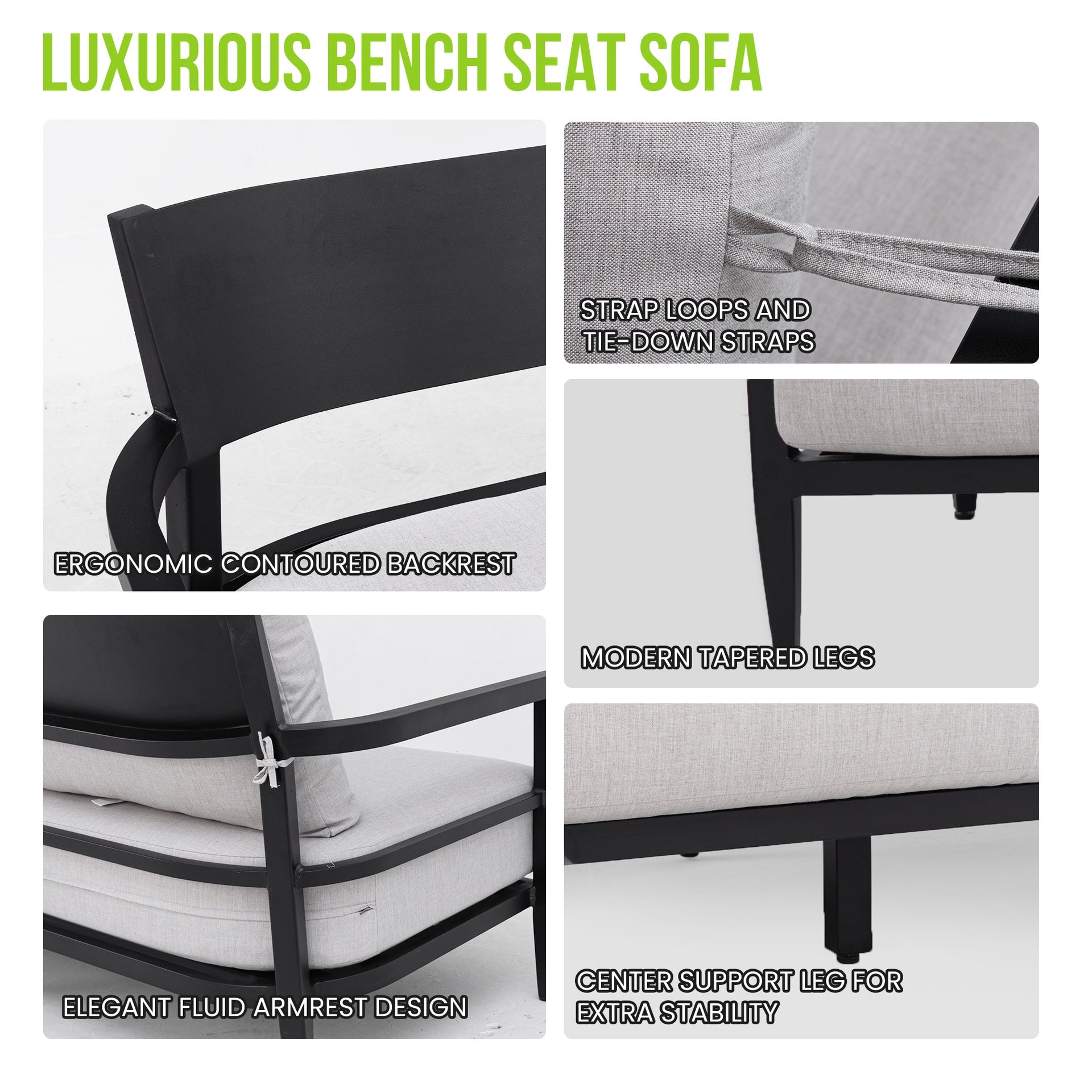 Modern Outdoor Fully Weld Bench Seat Sofa with Premium Aluminum Frame in Ember Black,Sunbrella Cushion,Ergonomic Backrest,Tapered Legs & Center Support, Weather-Resistant for Patio, Garden, Balcony