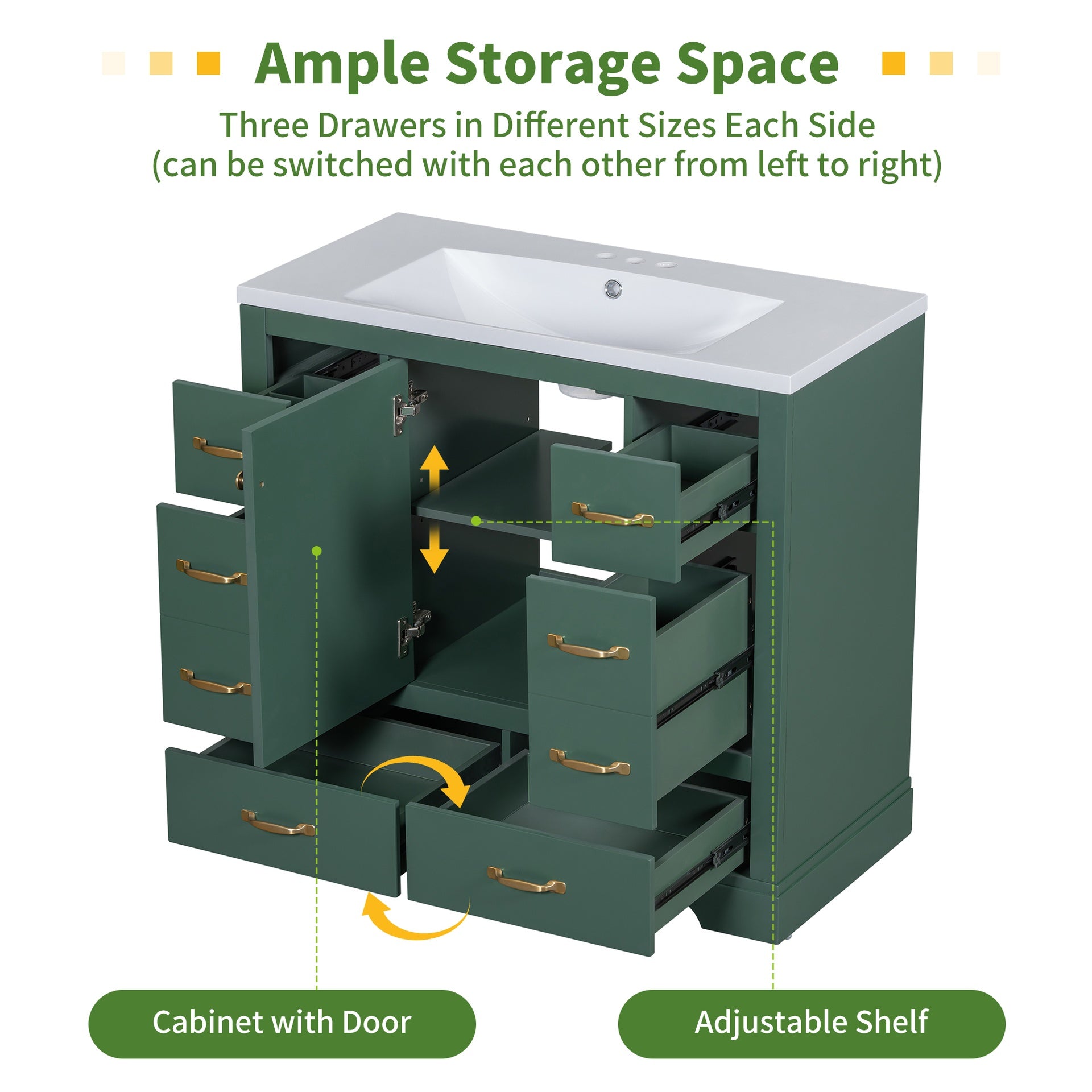 36" Bathroom Vanity without Sink, Cabinet Base Only, Six Drawers, Multi-Functional Drawer Divider, Adjustable Shelf, Green