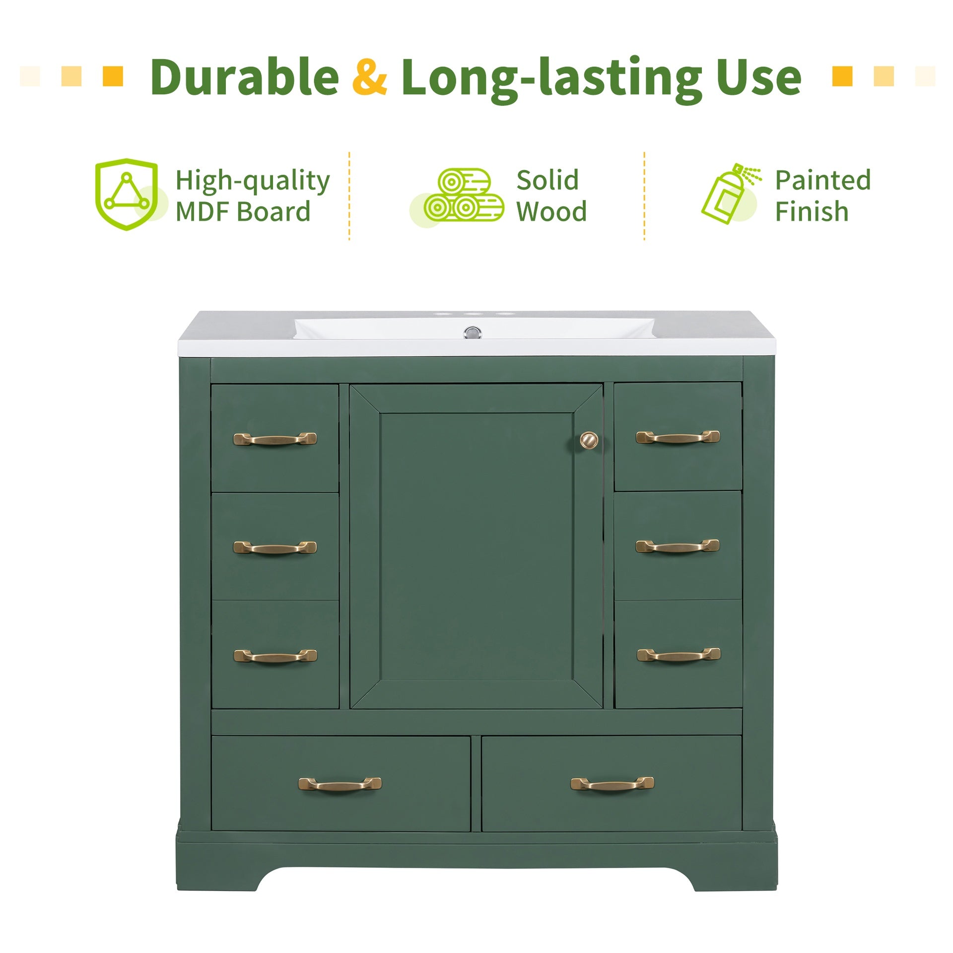 36" Bathroom Vanity without Sink, Cabinet Base Only, Six Drawers, Multi-Functional Drawer Divider, Adjustable Shelf, Green
