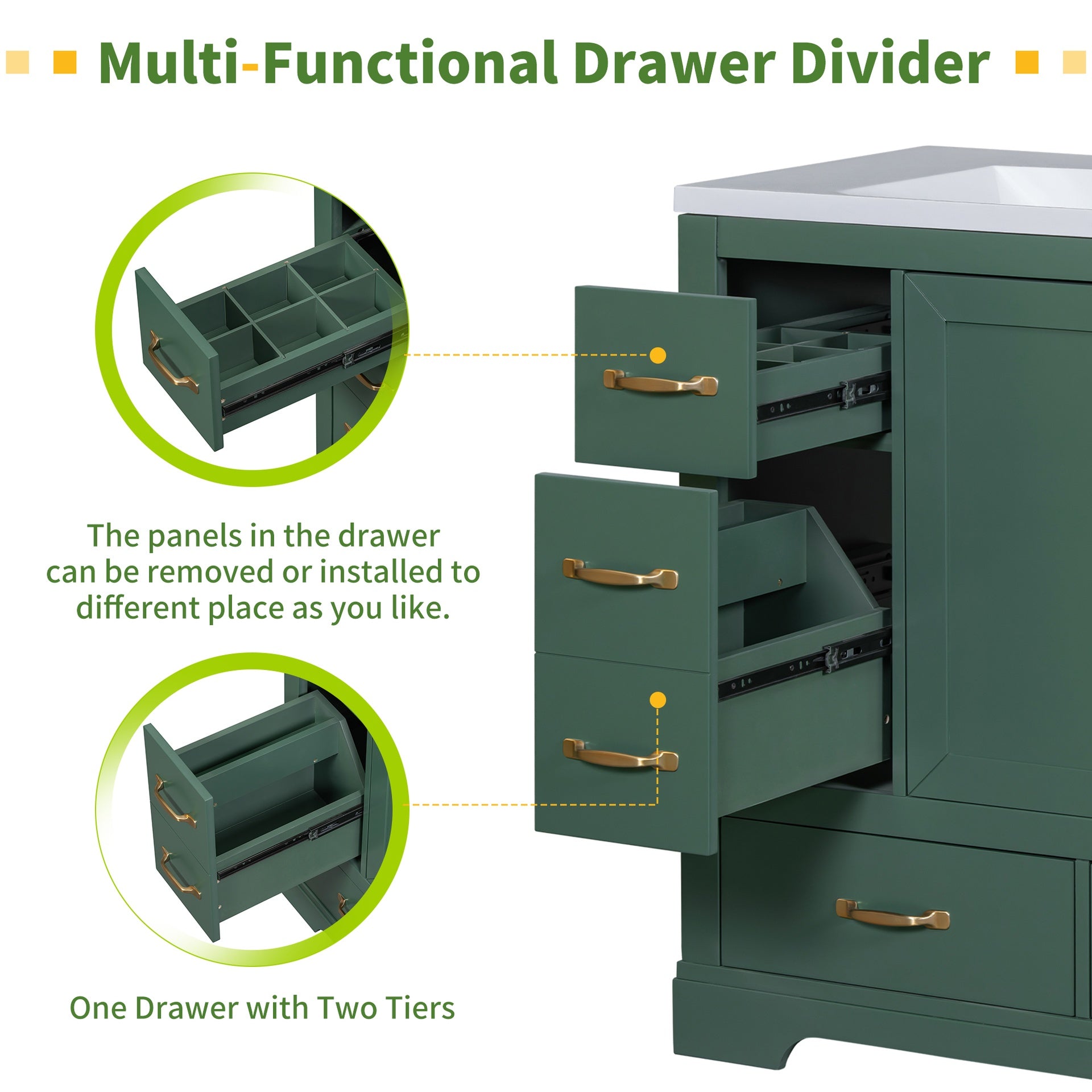 36" Bathroom Vanity without Sink, Cabinet Base Only, Six Drawers, Multi-Functional Drawer Divider, Adjustable Shelf, Green