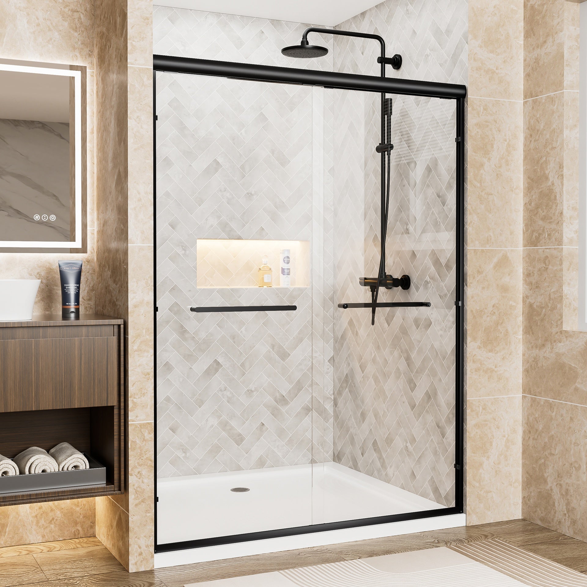 50"-54" W x 72" H Matte Black Aluminum Frame Double Sliding Shower Door, 1/4" (6mm) Clear Tempered Glass With Explosion-proof Film, Dual Stainless Steel Handles