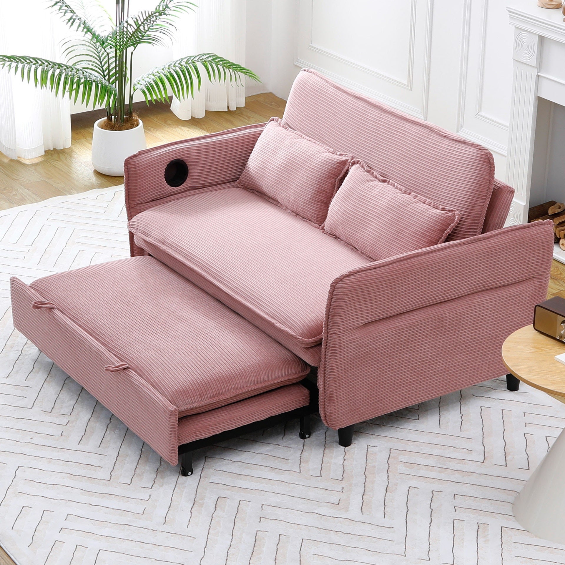 65.74-inch pink letter striped fabric multi-functional sofa bed, suitable for bedrooms and living rooms.  The armrests and backrests are adjustable.