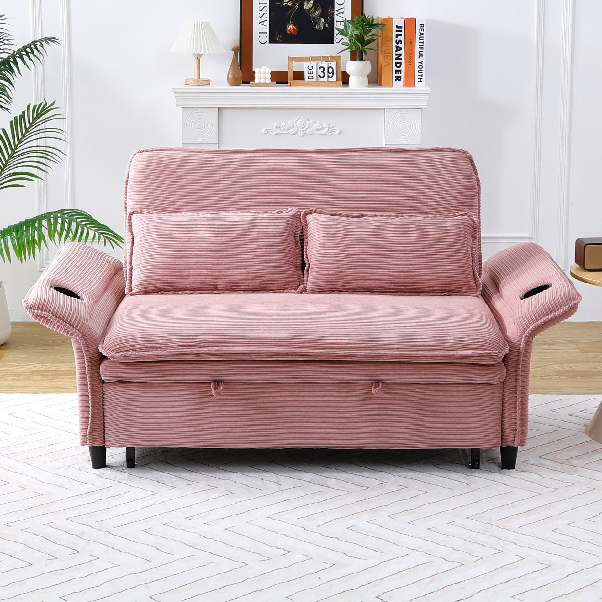 65.74-inch pink letter striped fabric multi-functional sofa bed, suitable for bedrooms and living rooms.  The armrests and backrests are adjustable.