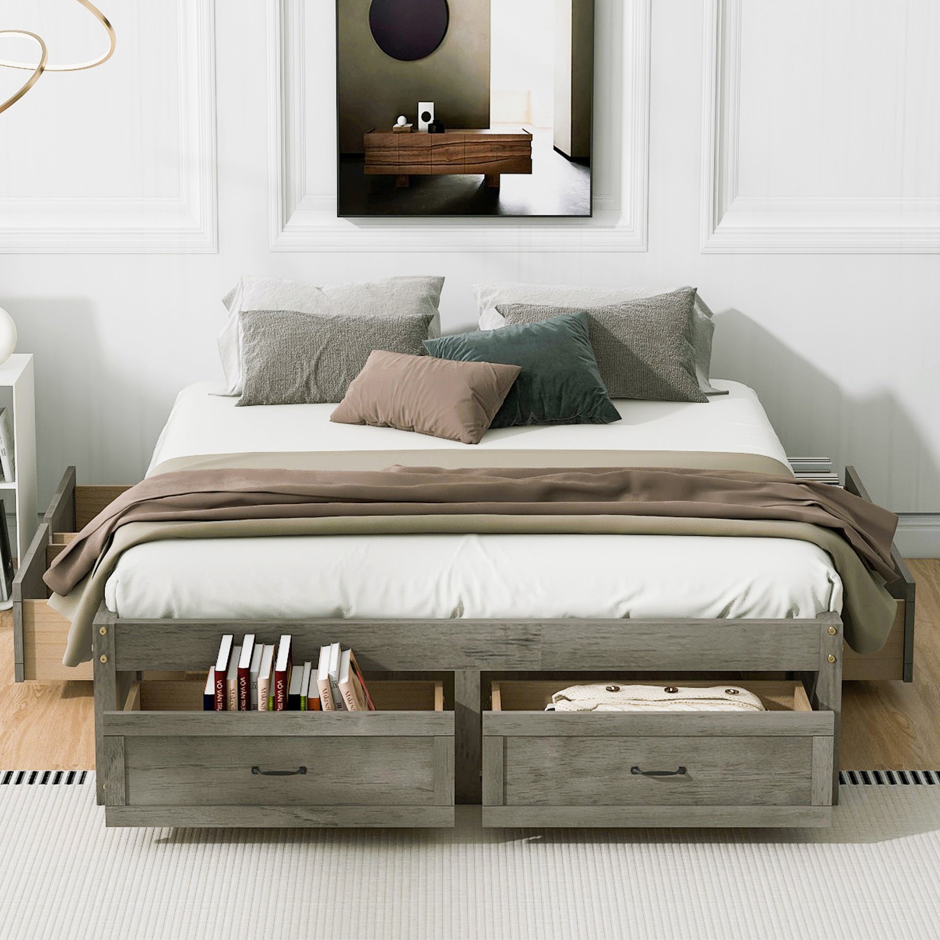 Queen Size Platform Bed with 6 Storage Drawers, Antique Gray