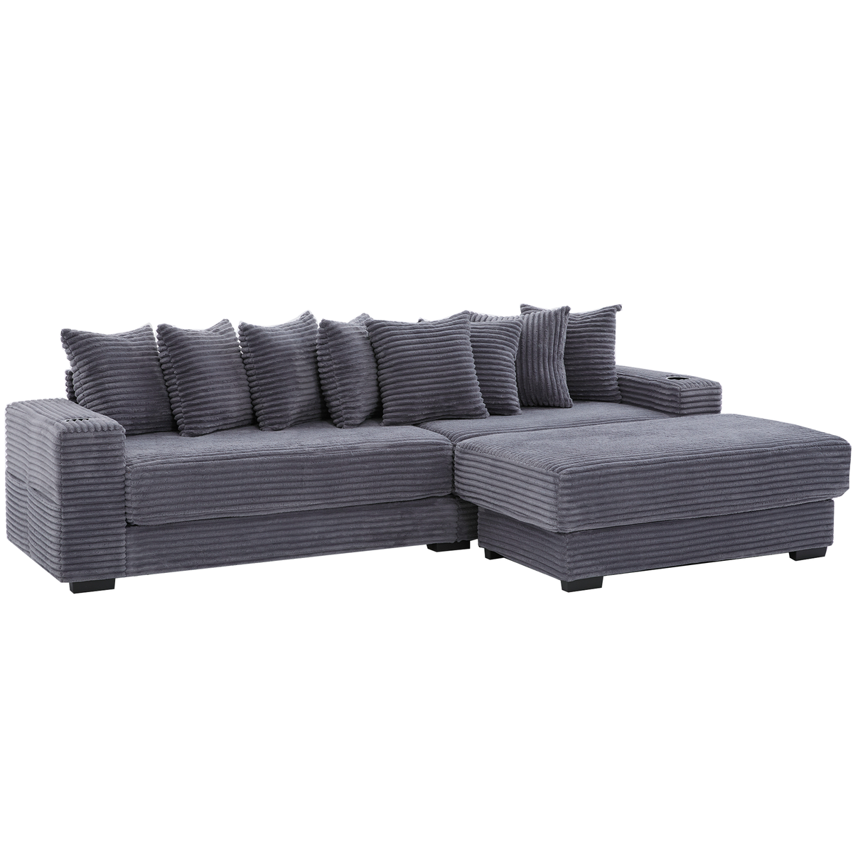 110.75" Modular L Shaped Sofa, Corduroy Fabric Sectional Couch,With a movable footstool, Cup Holders,Bring 8 throw pillows,Side Pocket,Unfold into a Bed,Dark Gray