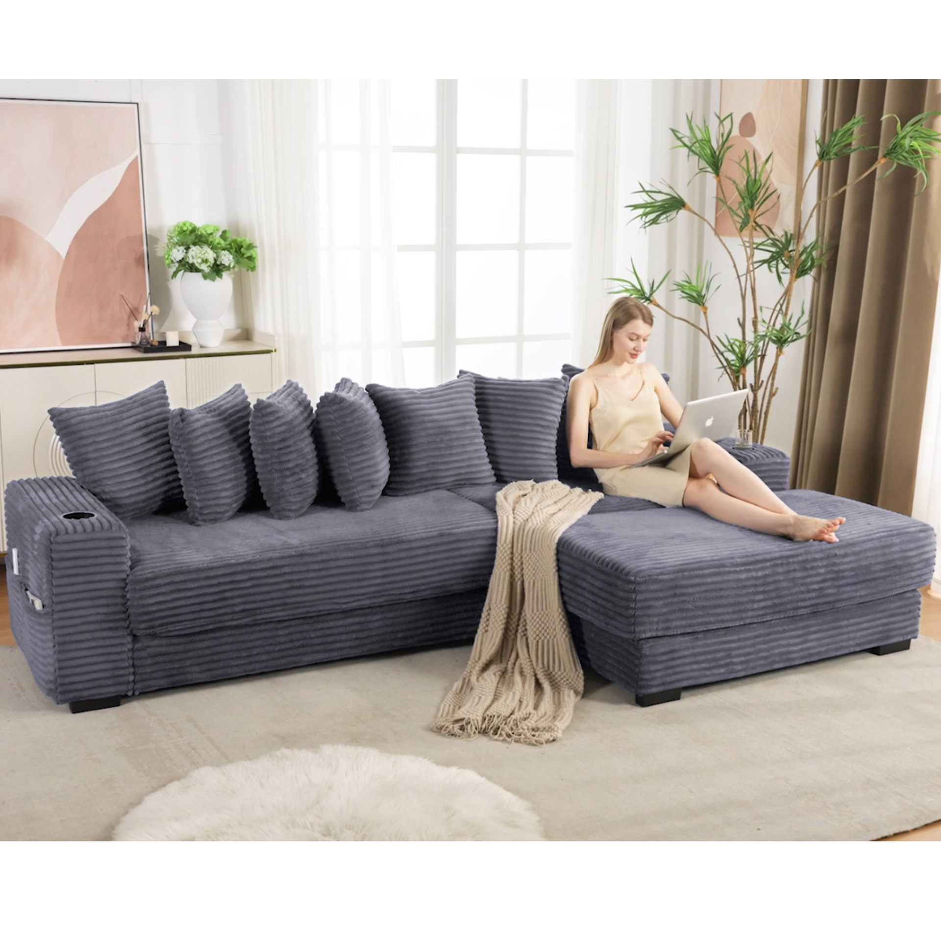 110.75" Modular L Shaped Sofa, Corduroy Fabric Sectional Couch,With a movable footstool, Cup Holders,Bring 8 throw pillows,Side Pocket,Unfold into a Bed,Dark Gray