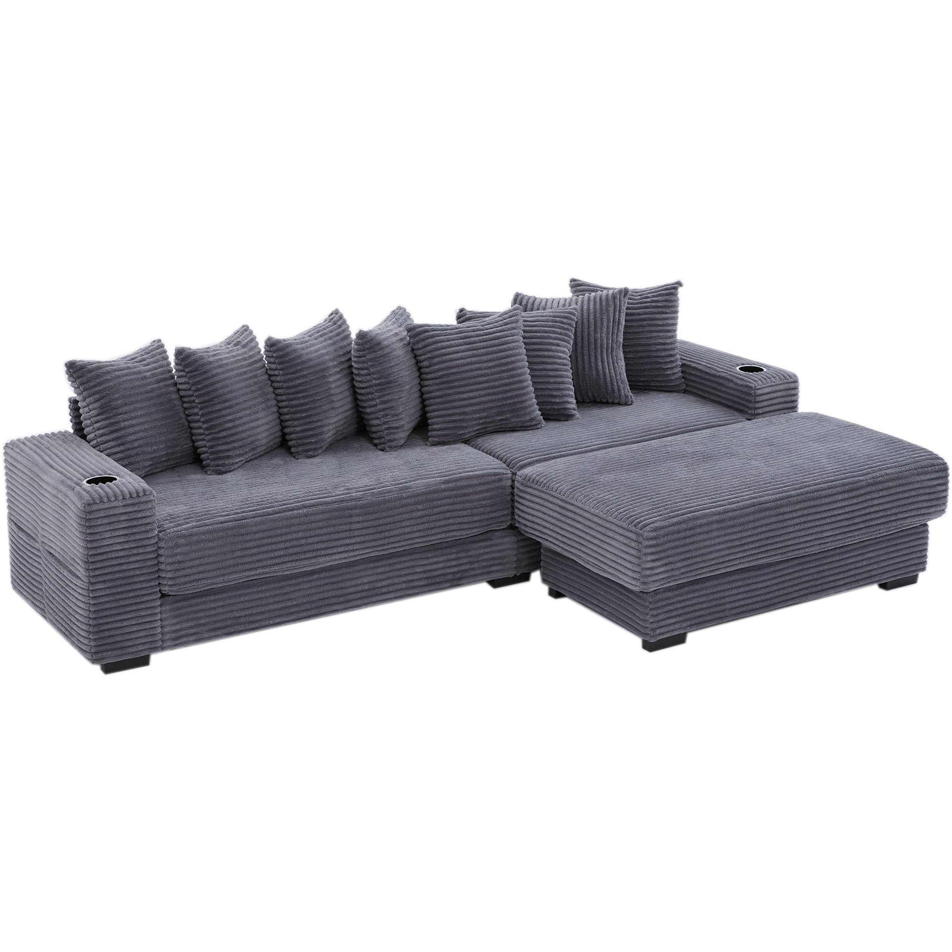 110.75" Modular L Shaped Sofa, Corduroy Fabric Sectional Couch,With a movable footstool, Cup Holders,Bring 8 throw pillows,Side Pocket,Unfold into a Bed,Dark Gray
