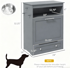 Pet Feeder Station Storage Cabinet, with Dog Raised Bowls, Gray