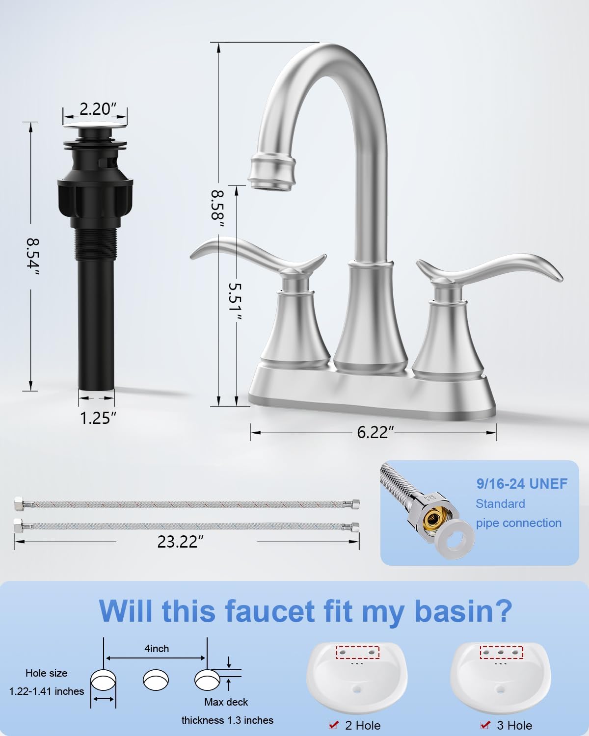 Bathroom Faucet Brushed Nickel with Pop-up Drain & Supply Hoses 2-Handle 360 Degree High Arc Swivel Spout Centerset 4 Inch Vanity Sink Faucet