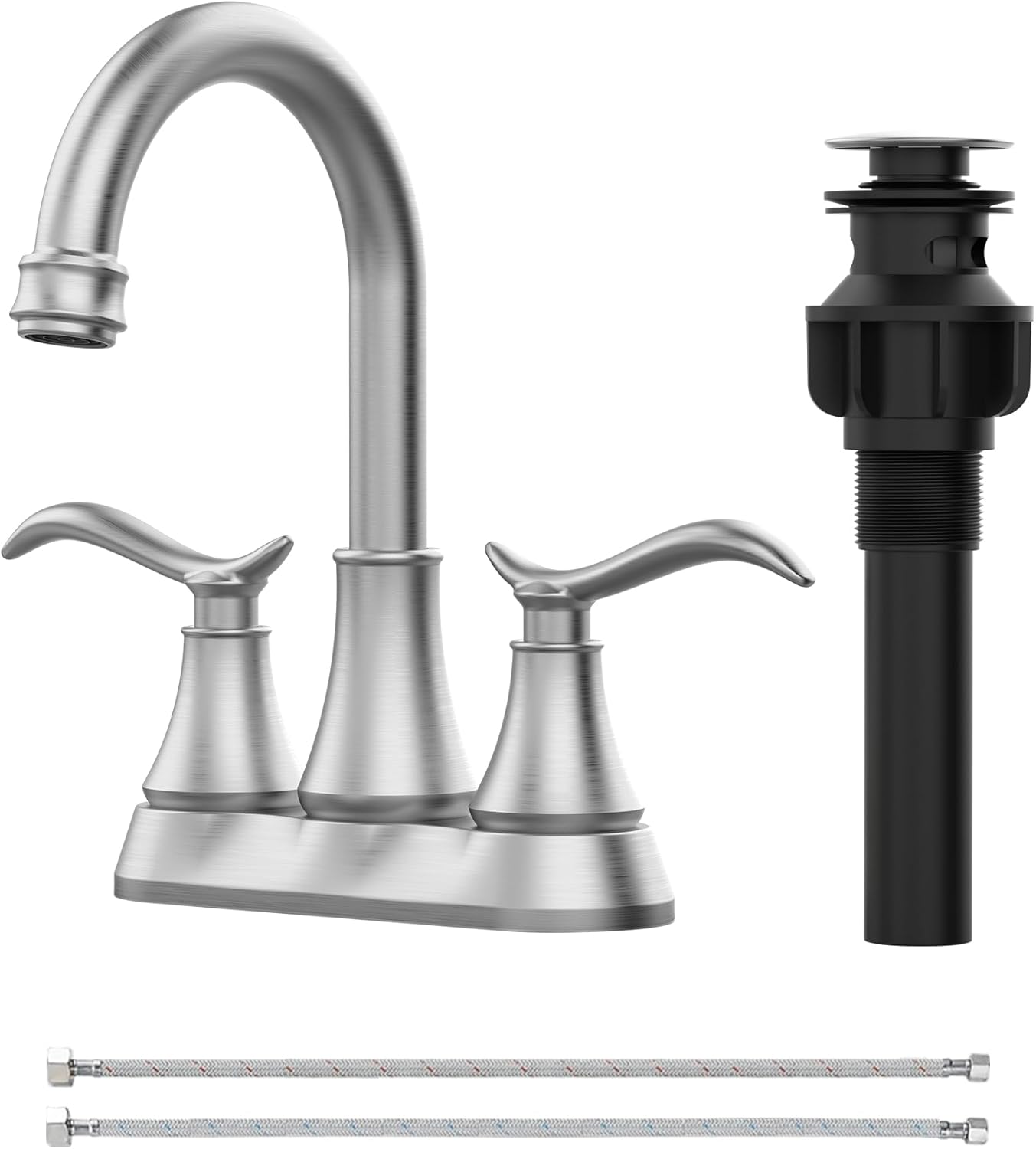 Bathroom Faucet Brushed Nickel with Pop-up Drain & Supply Hoses 2-Handle 360 Degree High Arc Swivel Spout Centerset 4 Inch Vanity Sink Faucet
