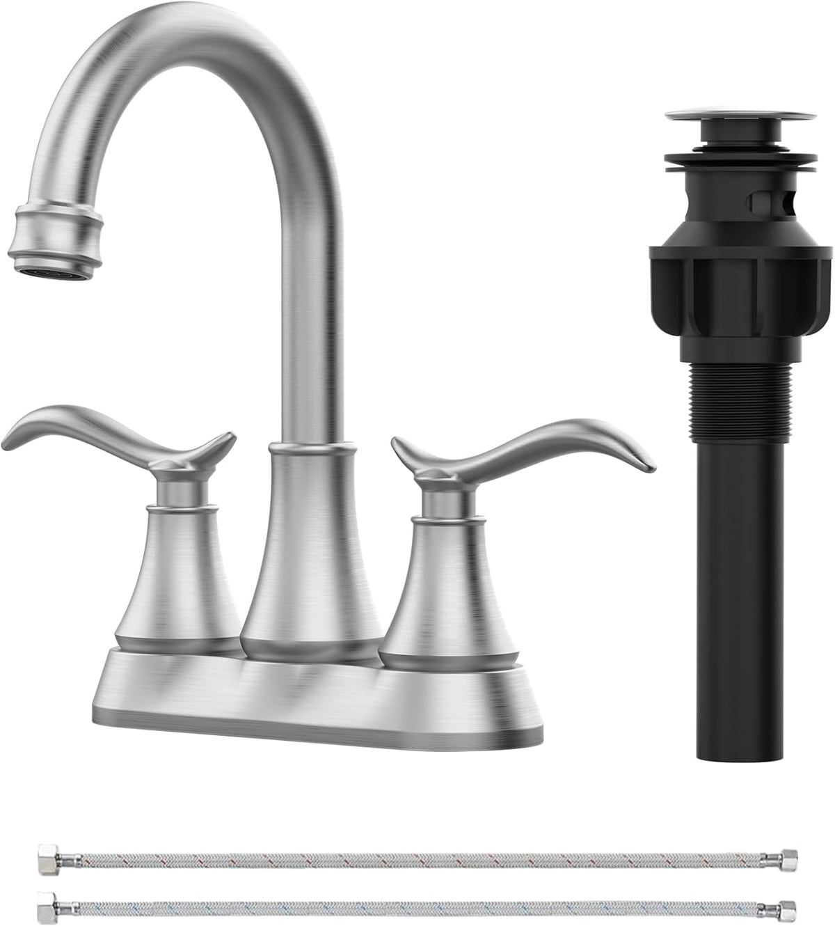 Bathroom Faucet Brushed Nickel with Pop-up Drain & Supply Hoses 2-Handle 360 Degree High Arc Swivel Spout Centerset 4 Inch Vanity Sink Faucet