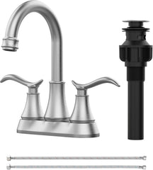 Bathroom Faucet Brushed Nickel with Pop-up Drain & Supply Hoses 2-Handle 360 Degree High Arc Swivel Spout Centerset 4 Inch Vanity Sink Faucet