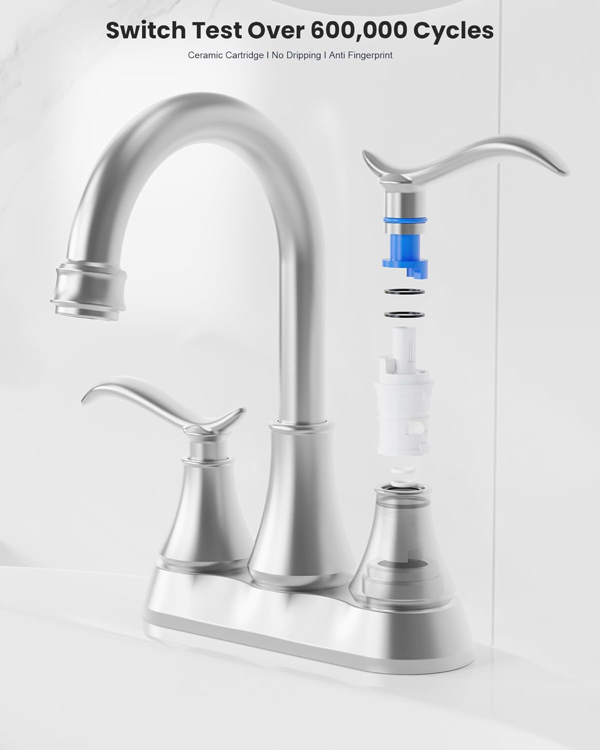 Bathroom Faucet Brushed Nickel with Pop-up Drain & Supply Hoses 2-Handle 360 Degree High Arc Swivel Spout Centerset 4 Inch Vanity Sink Faucet